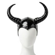 PVC vinyl polyamide polyurethane elastane accessories headgear hat cap skullcap horns horned horny ribbed-horns sculptured-horns curled-horns shiny glossy fetish fashion alt-fashion alternative punk cyber festival festivalwear rave ravewear kink kinky kinkwear cosplay costume halloween devil demon unisex black