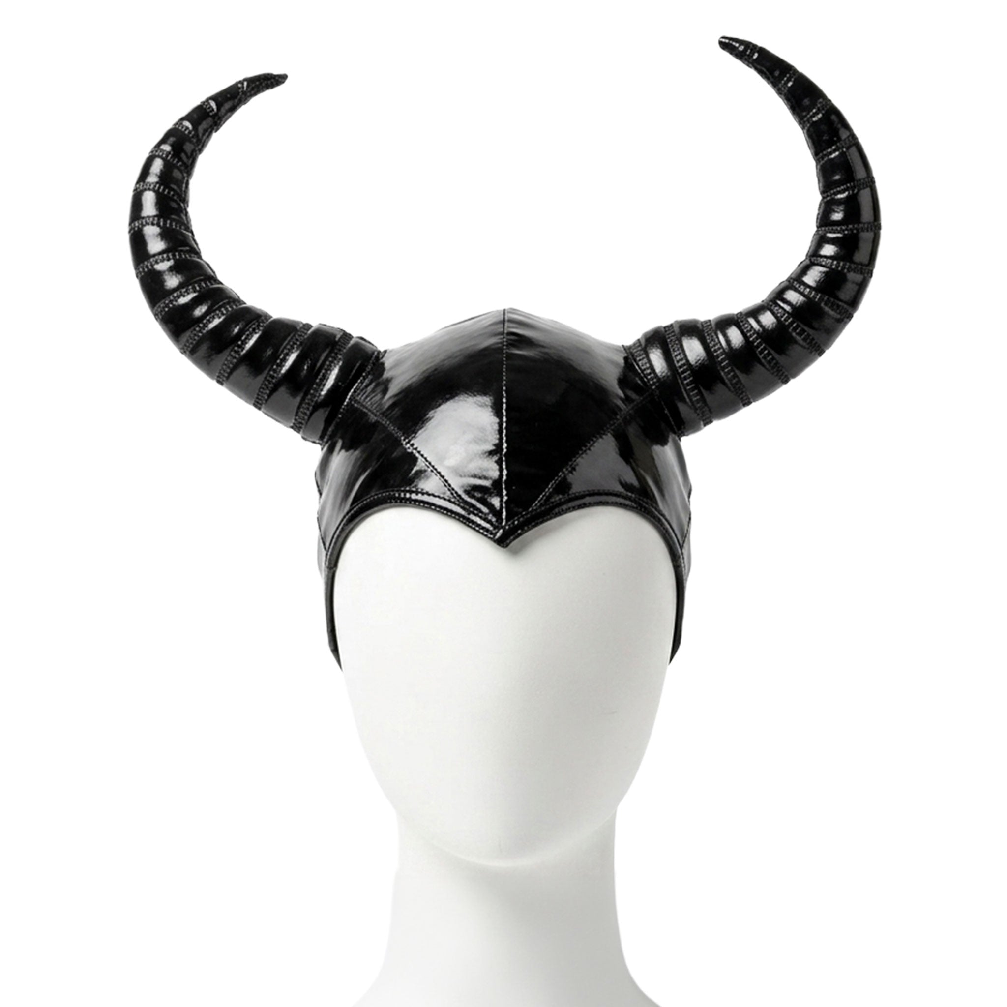 PVC vinyl polyamide polyurethane elastane accessories headgear hat cap skullcap horns horned horny ribbed-horns sculptured-horns curled-horns shiny glossy fetish fashion alt-fashion alternative punk cyber festival festivalwear rave ravewear kink kinky kinkwear cosplay costume halloween devil demon unisex black