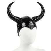 PVC vinyl polyamide polyurethane elastane accessories headgear hat cap skullcap horns horned horny ribbed-horns sculptured-horns curled-horns shiny glossy fetish fashion alt-fashion alternative punk cyber festival festivalwear rave ravewear kink kinky kinkwear cosplay costume halloween devil demon unisex black