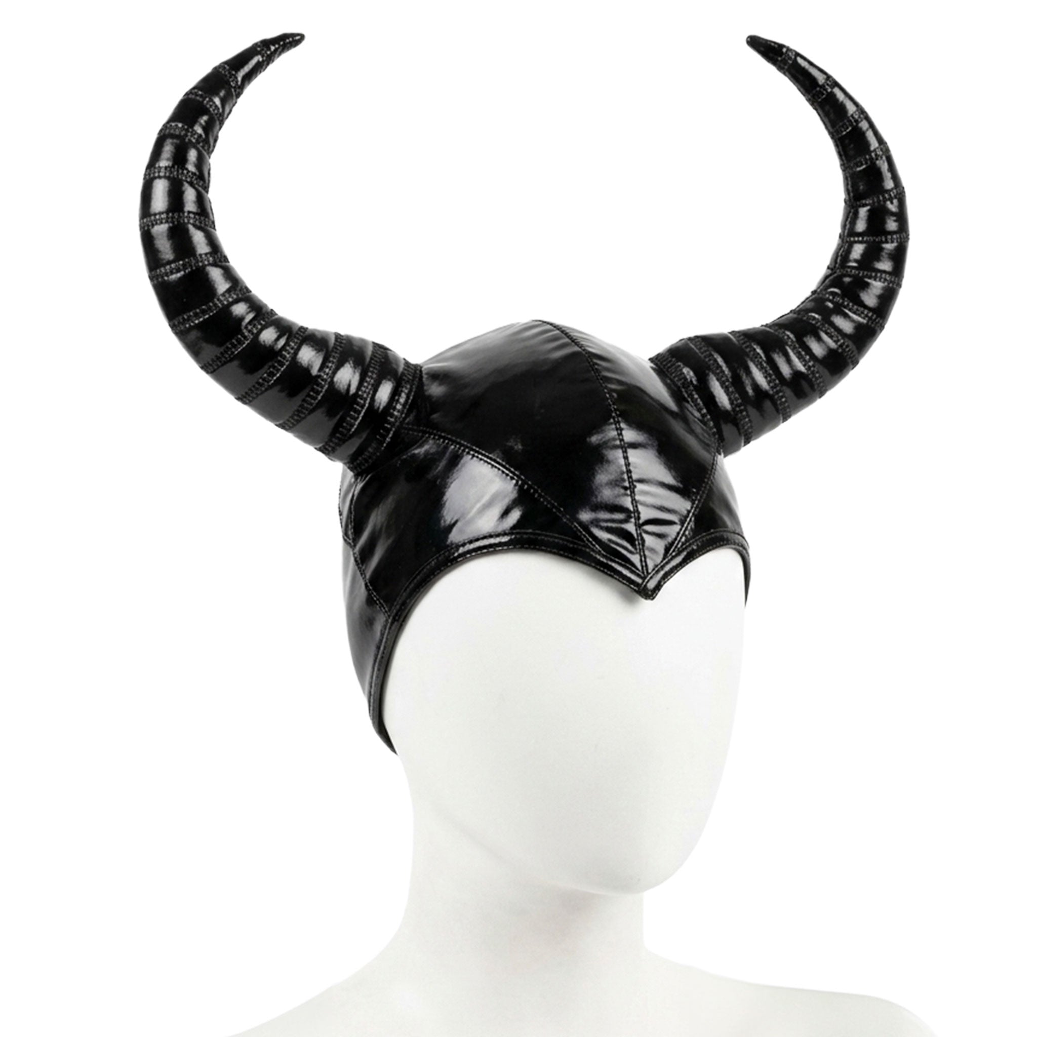 PVC vinyl polyamide polyurethane elastane accessories headgear hat cap skullcap horns horned horny ribbed-horns sculptured-horns curled-horns shiny glossy fetish fashion alt-fashion alternative punk cyber festival festivalwear rave ravewear kink kinky kinkwear cosplay costume halloween devil demon unisex black