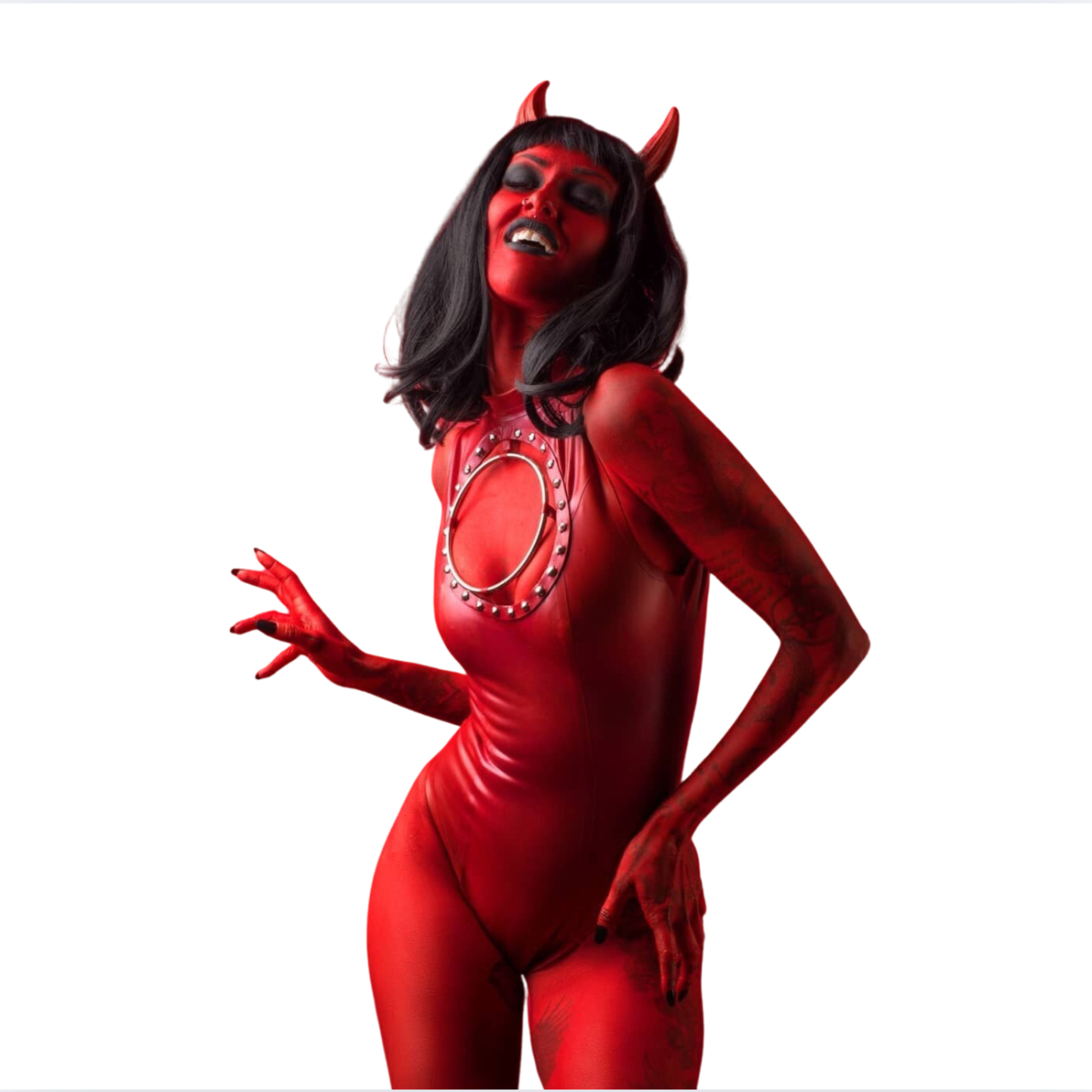 red latex studded bodysuit, huge metal O-ring latex suit, handmade fetish bodysuit, latex catsuit sleeveless, stainless steel hardware latex outfit, red shiny latex bodysuit, custom latex fetishwear
