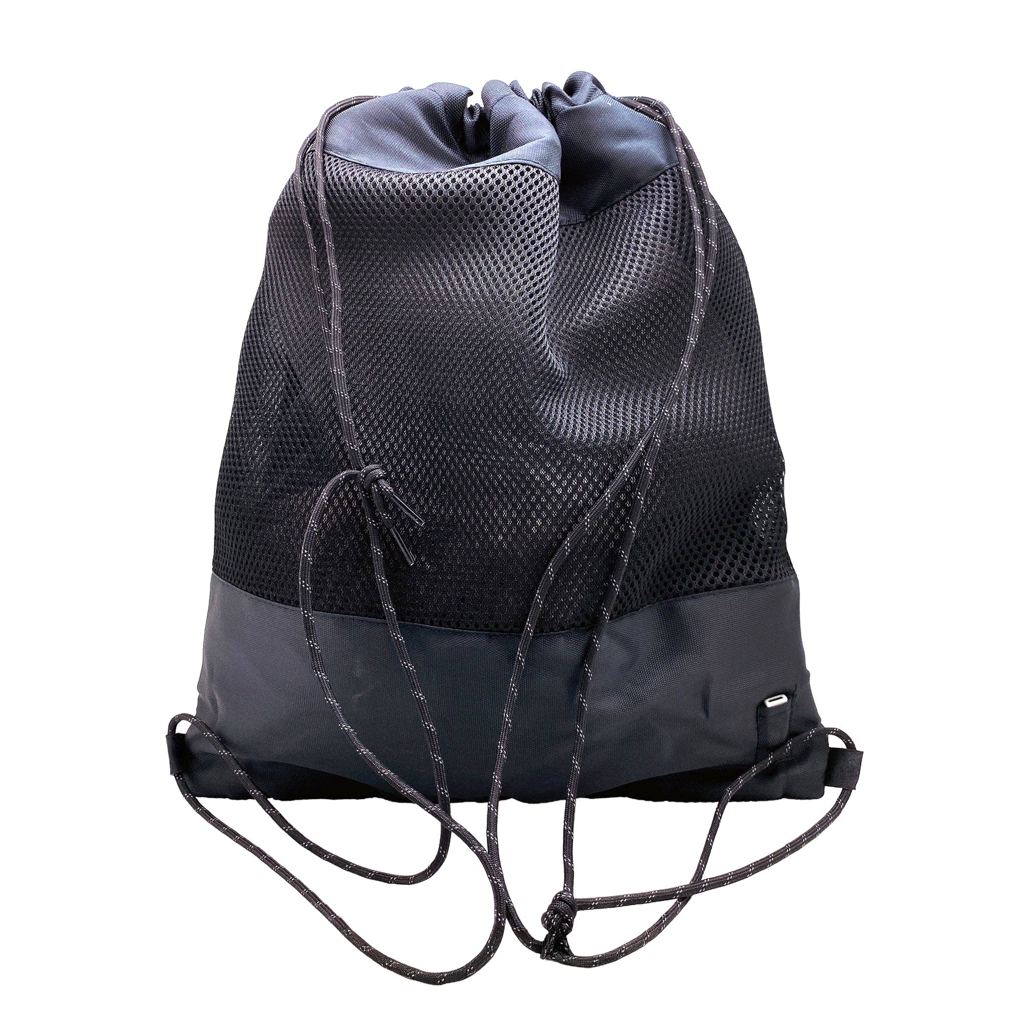 Nylon mesh fiberoptic fiber-optic accessories luggage backpack drawstring bookbag light-up lightup back-panel paracord shoulder-straps power-switch encased usb-rechargeable breathable reflective flashing color-changing cute fashion alt-fashion festival rave ravewear costume cosplay halloween gifts unisex white black