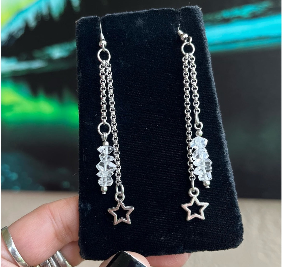 Herkimer Clear Diamonds Quartz Chain Falling Stars Dangle Earrings