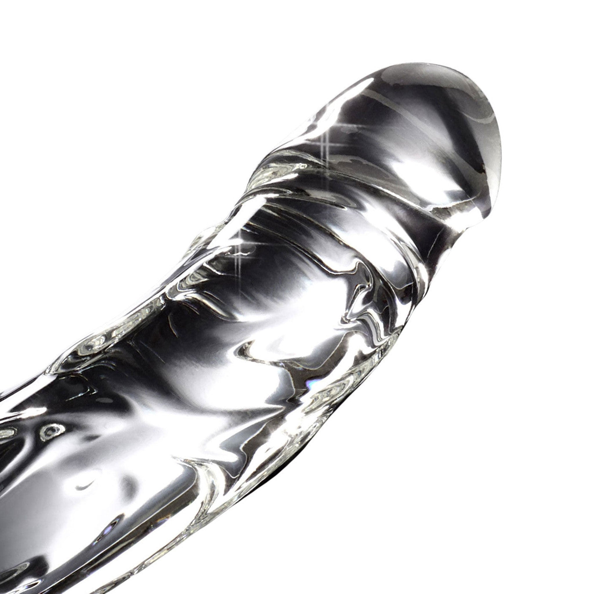 Glass pyrex hand-blown handblown nonporous non-porous nonvibe nonvibrating non-vibe non-vibrating body-safe massager wand dildo dong plug probe phallus phallic tapered pronounced curved g-spot p-spot textured veiny stimulation stimulator stim flat-base wide-base harness-compatible strapon strap-on temperature temp-play temperature-play luxurious sturdy unique sleek kink kinky kinky-play adult-toys clear transparent
