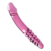 Glass pyrex hypoallergenic nonporous dildo dong massager wand plug probe nonvibe nonvibrating non-vibe non-vibrating phallus phallic double-ended double-sided textured hand-crafted hand-blown handblown bulbous-head ribbed swirl elegant upscale detailed luxurious sleek unique temperature temp-play g-spot p-spot adult-toys pink clear