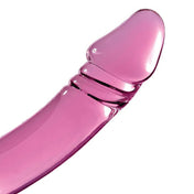 Glass pyrex hypoallergenic nonporous dildo dong massager wand plug probe nonvibe nonvibrating non-vibe non-vibrating phallus phallic double-ended double-sided textured hand-crafted hand-blown handblown bulbous-head ribbed swirl elegant upscale detailed luxurious sleek unique temperature temp-play g-spot p-spot adult-toys pink clear