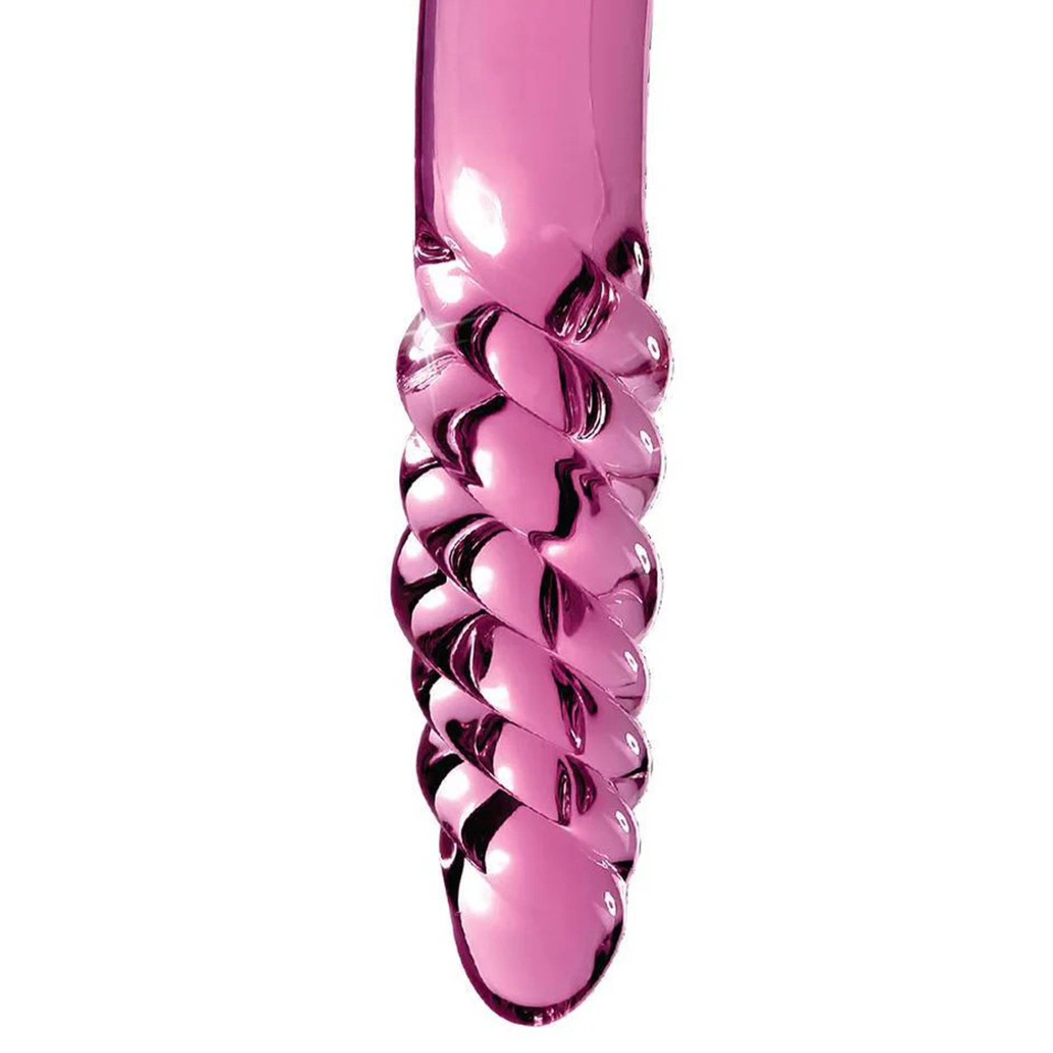 Glass pyrex hypoallergenic nonporous dildo dong massager wand plug probe nonvibe nonvibrating non-vibe non-vibrating phallus phallic double-ended double-sided textured hand-crafted hand-blown handblown bulbous-head ribbed swirl elegant upscale detailed luxurious sleek unique temperature temp-play g-spot p-spot adult-toys pink clear