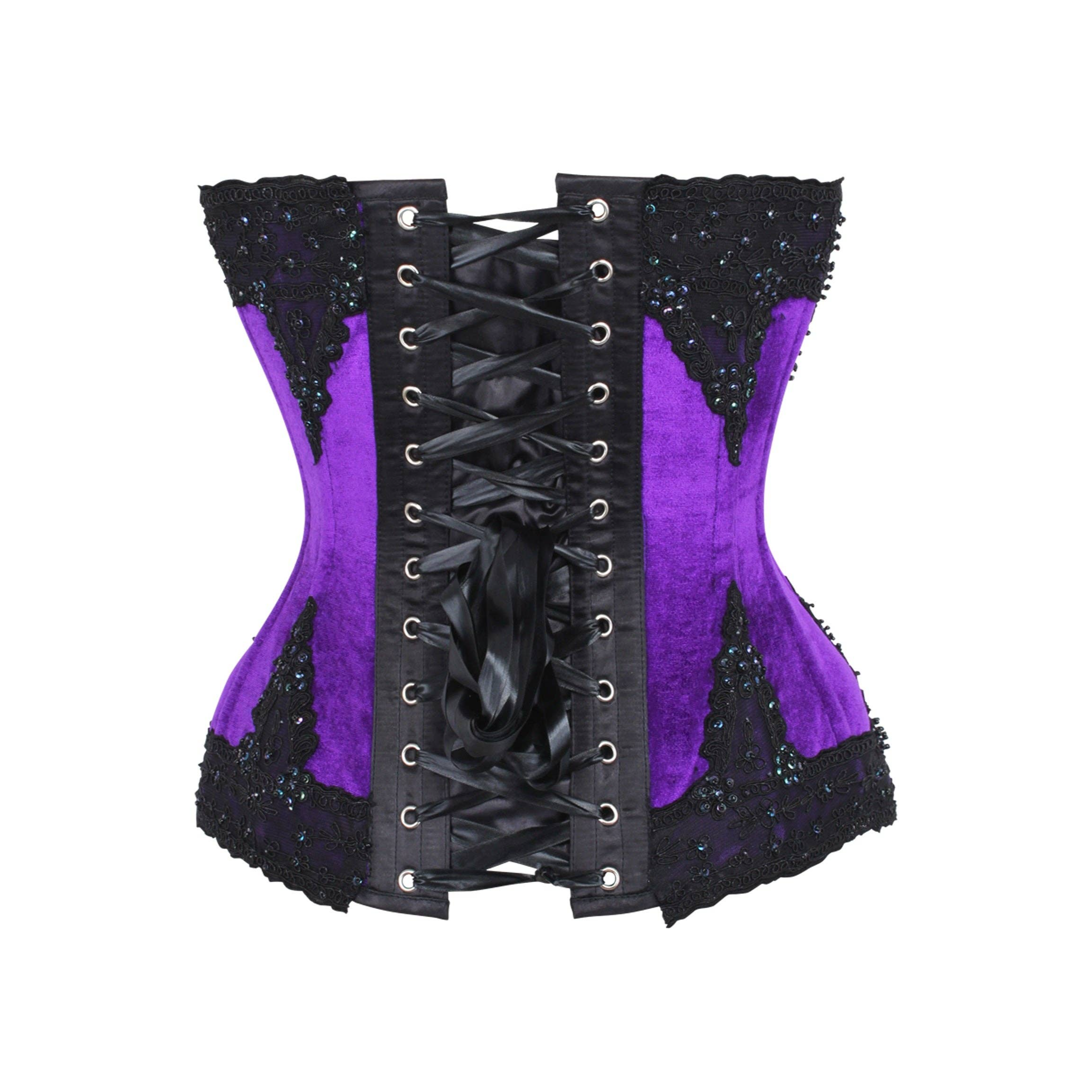 Luxurious velvet overbust corset with hand-beaded detailing, designed to sculpt and cinch the waist with spiral steel boning. This corset features a flattering sweetheart neckline, perfect for accentuating the bust while providing maximum support. The lace-up back allows for adjustable fit, while the velvet fabric offers a soft, elegant touch. Ideal for gothic, burlesque, or special occasion outfits,  velvet beaded corset 