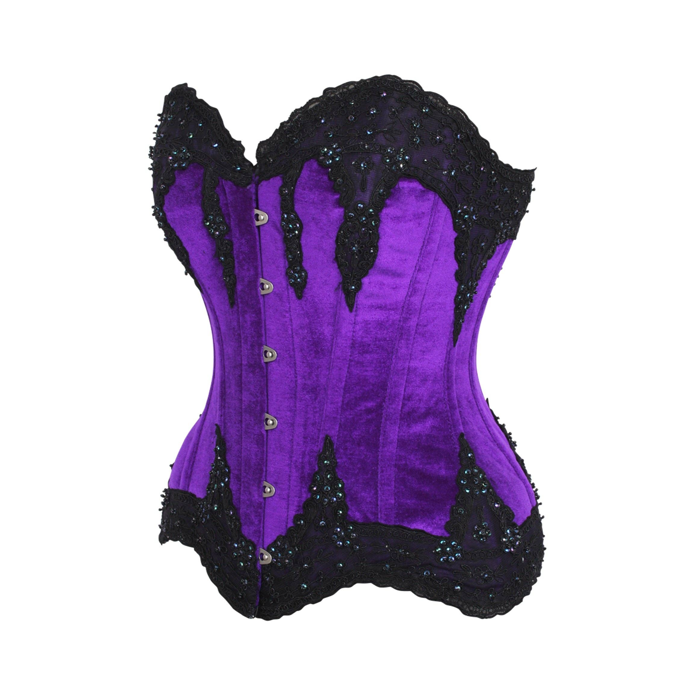Luxurious velvet overbust corset with hand-beaded detailing, designed to sculpt and cinch the waist with spiral steel boning. This corset features a flattering sweetheart neckline, perfect for accentuating the bust while providing maximum support. The lace-up back allows for adjustable fit, while the velvet fabric offers a soft, elegant touch. Ideal for gothic, burlesque, or special occasion outfits,  velvet beaded corset 