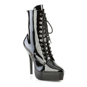 indulge pointed toe ankle boot platform patent leather lace up stiletto heel 5.25 inch 1.25 inch platform fetish boots glossy black ankle boots sexy footwear fetish factory