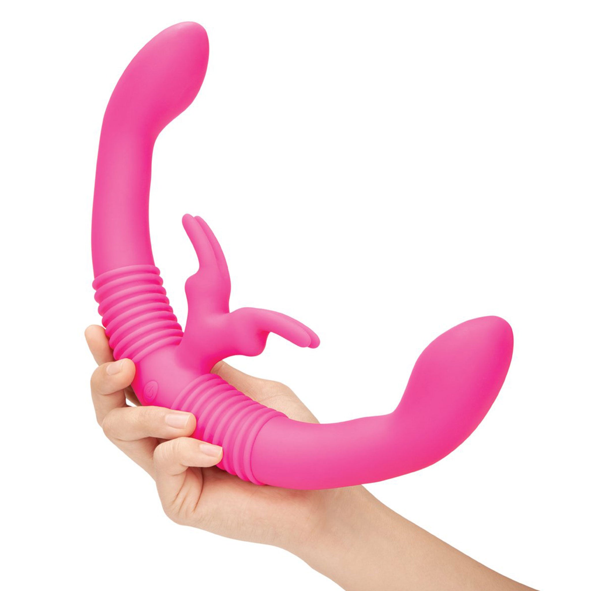 Silicone medical-grade vibrator vibration vibrating vibe dual-ended dual double-sided double rabbit ribbed g-spot p-spot dildo dong couples adult-toys pink