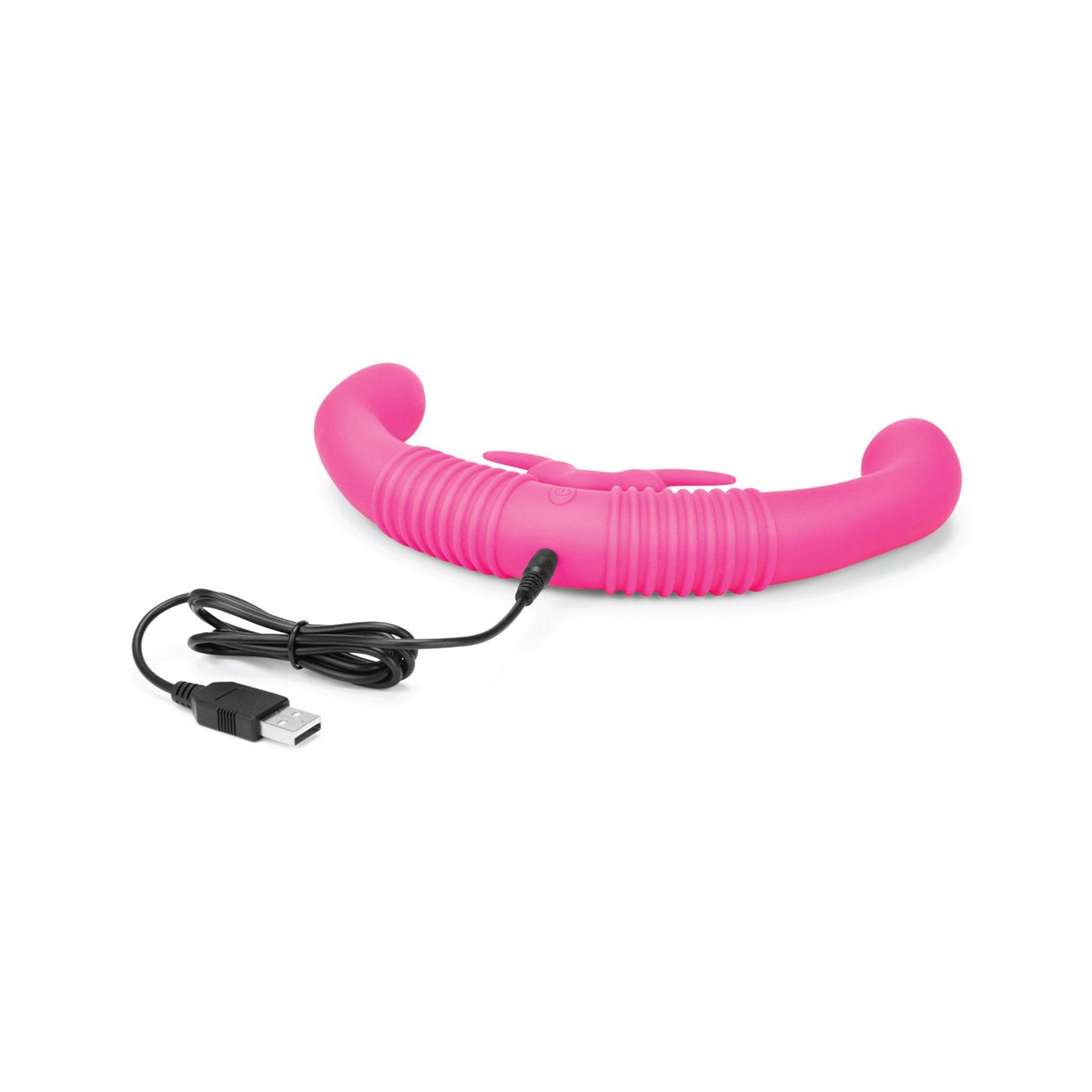 Silicone medical-grade vibrator vibration vibrating vibe dual-ended dual double-sided double rabbit ribbed g-spot p-spot dildo dong couples adult-toys pink