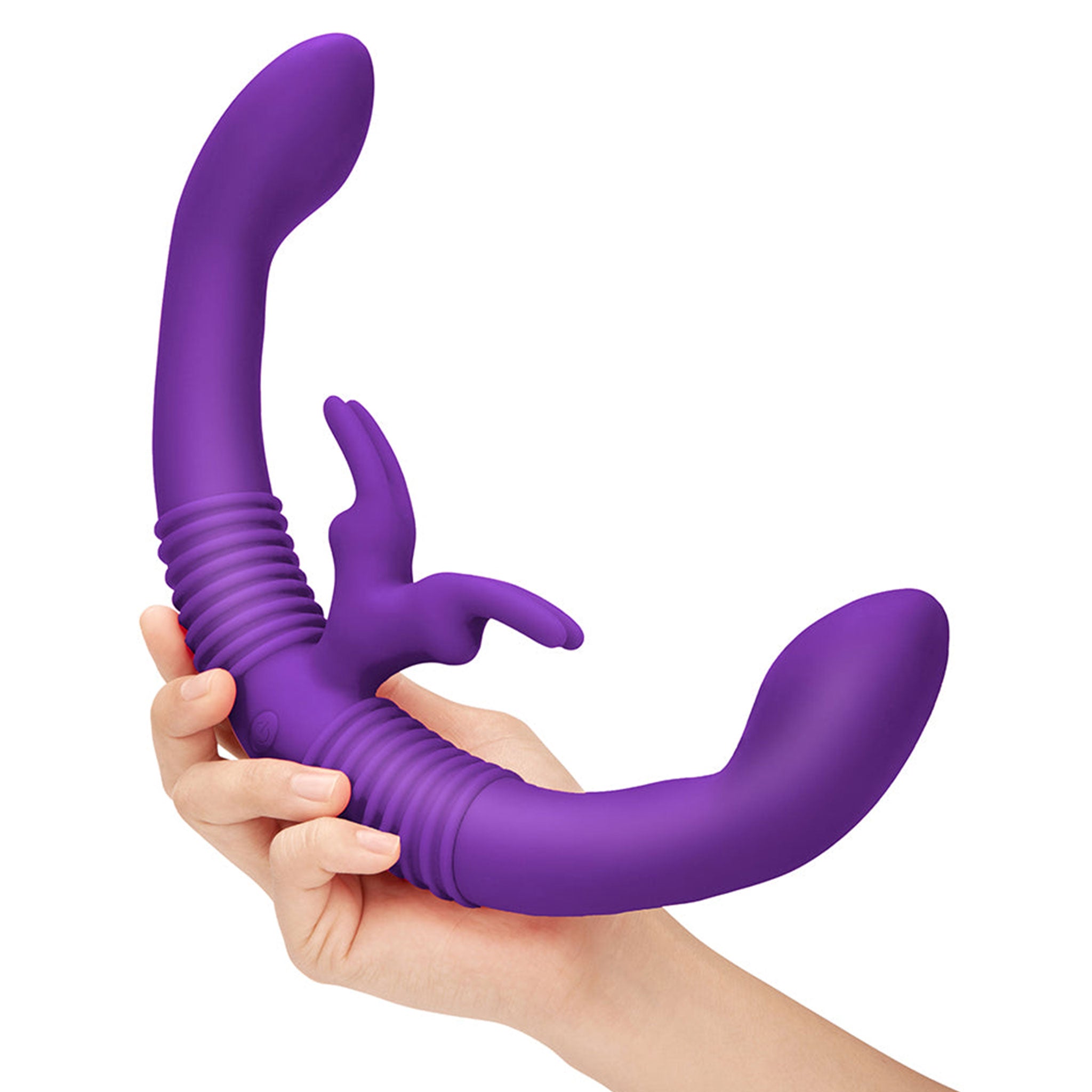 Silicone medical-grade vibrator vibration vibrating vibe dual-ended dual double-sided double rabbit ribbed g-spot p-spot dildo dong couples adult-toys purple remote
