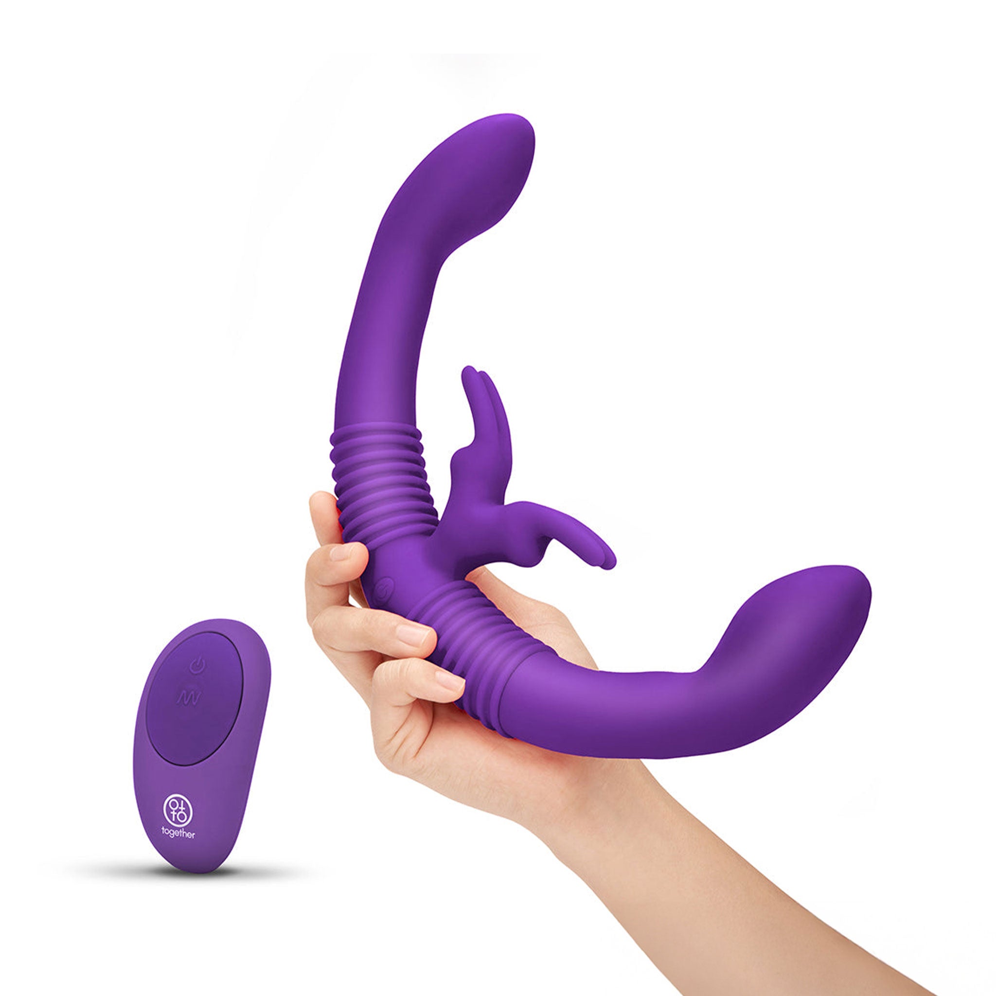 Silicone medical-grade vibrator vibration vibrating vibe dual-ended dual double-sided double rabbit ribbed g-spot p-spot dildo dong couples adult-toys purple remote