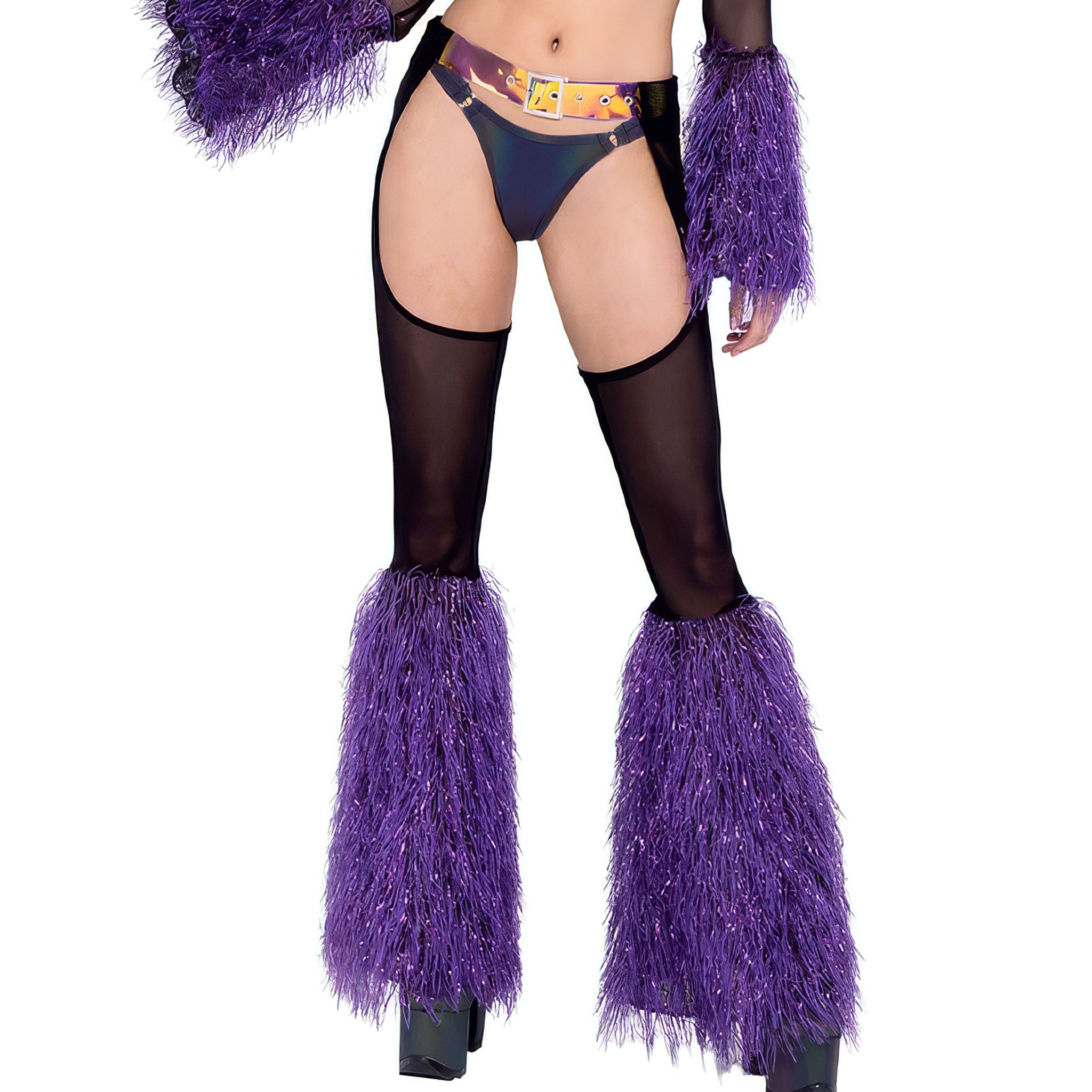 Nylon Spandex mesh sheer-mesh glitter faux-fur transparent PVC vinyl apparel bottoms pants chaps bell-bottoms adjustable buckle front-buckle clinging reflective fetish fashion alt-fashion alternative cyber rave ravewear raver-babe festivalwear dancewear costume cosplay halloween lgbtq pride female femme feminine womens iridescent holographic black purple
