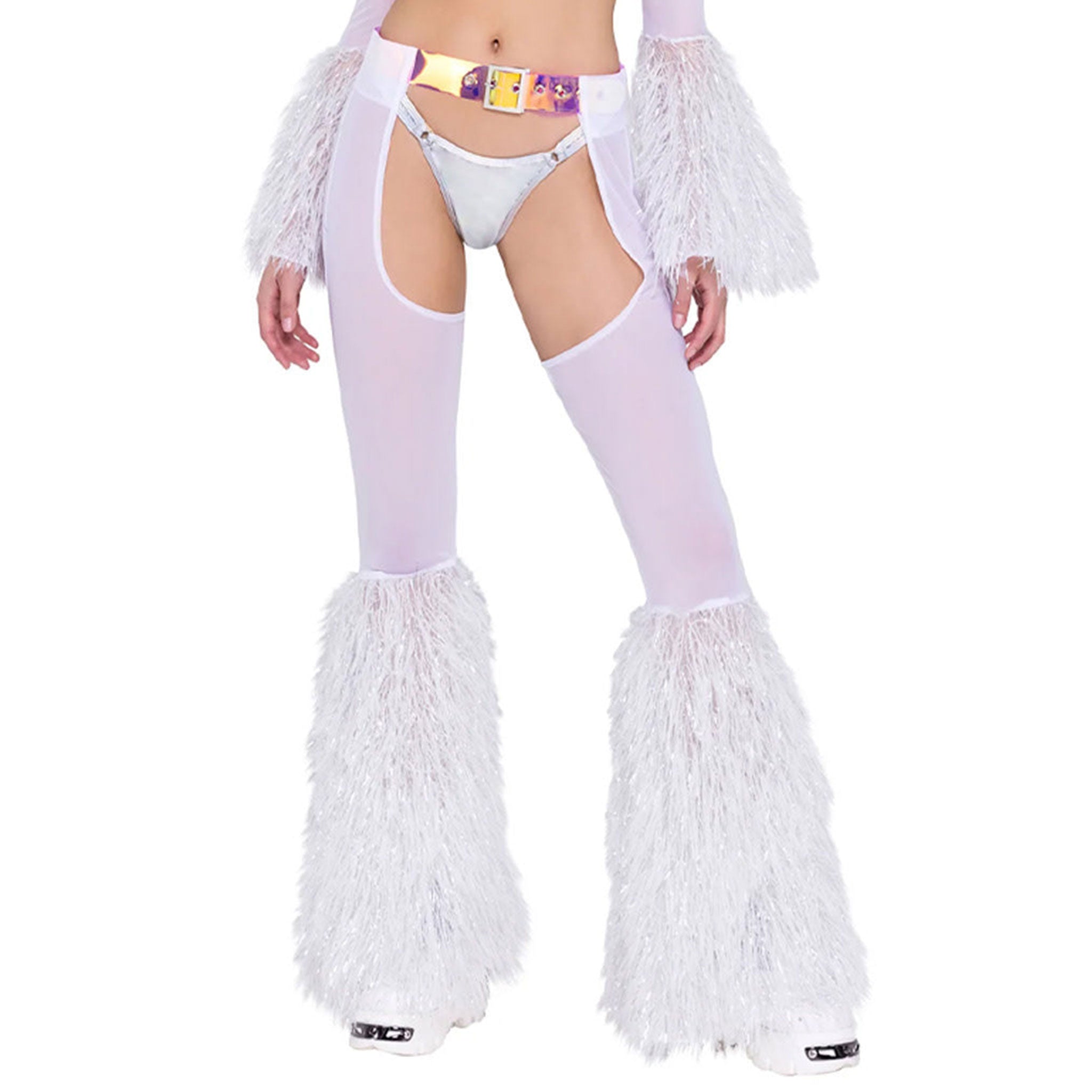 Nylon Spandex mesh sheer-mesh glitter faux-fur transparent PVC vinyl apparel bottoms pants chaps bell-bottoms adjustable buckle front-buckle clinging reflective fetish fashion alt-fashion alternative cyber rave ravewear raver-babe festivalwear dancewear costume cosplay halloween lgbtq pride female femme feminine womens iridescent holographic white silver
