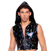 PVC vinyl apparel top crop-top cropped hoodie sleeveless vest hood front-zip zipper lightweight shiny vibrant oil-slick dazzling comfortable style fetish fashion alt-fashion cyber cyberpunk nu-goth raver-babe ravewear rave dark-rave clubwear party eyekndy festivalwear unisex black iridescent hologram holographic lgbtq pride