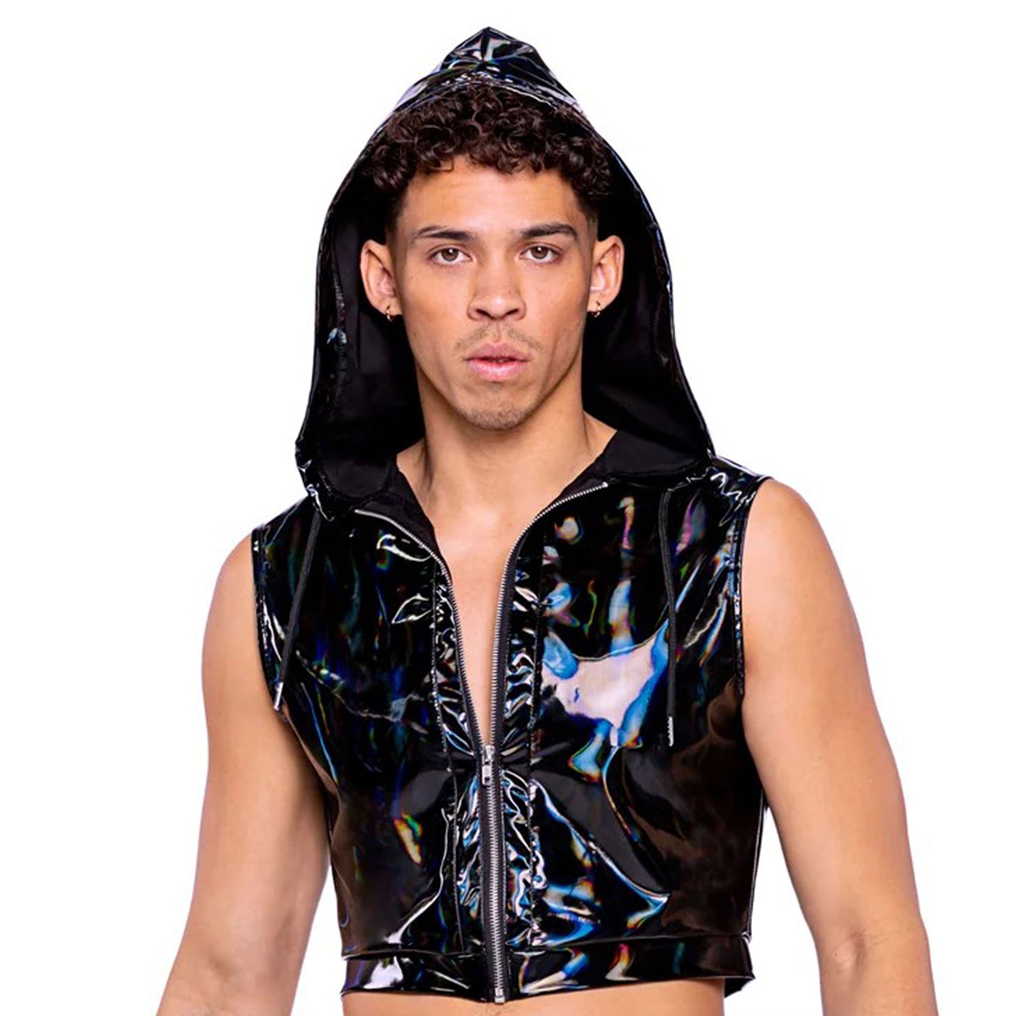 PVC vinyl apparel top crop-top cropped hoodie sleeveless vest hood front-zip zipper lightweight shiny vibrant oil-slick dazzling comfortable style fetish fashion alt-fashion cyber cyberpunk nu-goth raver-babe ravewear rave dark-rave clubwear party eyekndy festivalwear unisex black iridescent hologram holographic lgbtq pride