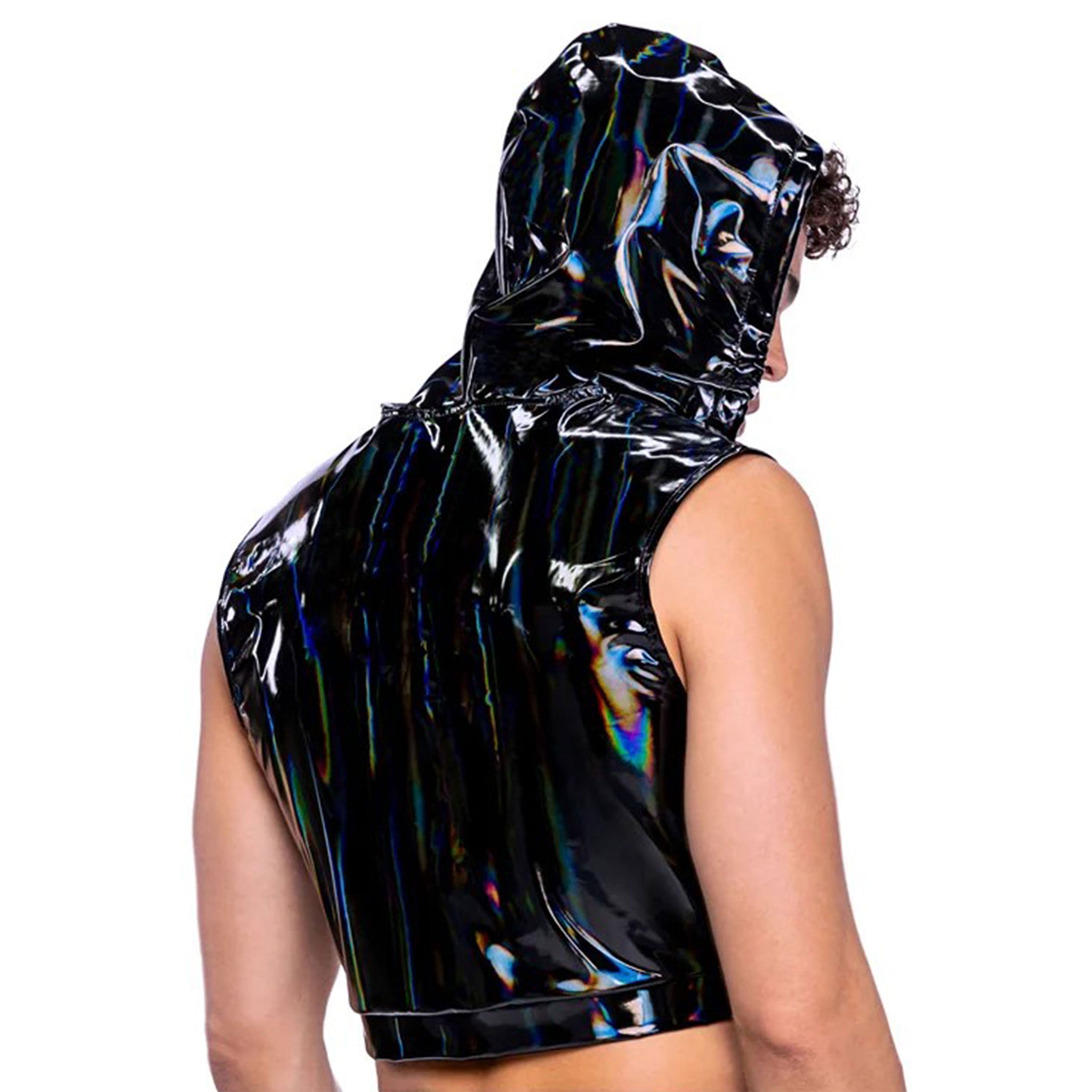 PVC vinyl apparel top crop-top cropped hoodie sleeveless vest hood front-zip zipper lightweight shiny vibrant oil-slick dazzling comfortable style fetish fashion alt-fashion cyber cyberpunk nu-goth raver-babe ravewear rave dark-rave clubwear party eyekndy festivalwear unisex black iridescent hologram holographic lgbtq pride