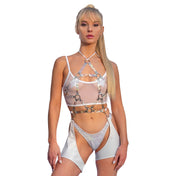 PVC vinyl accessories harness body-harness hex hexagon star hexagon-pattern O-ring stretchy shiny lobster-clasp fetish fashion alt-fashion festival rave ravewear rave-babe costume cosplay halloween lgbtq pride feminine-looks femme-bottoms female femme feminine womens iridescent hologram holographic white