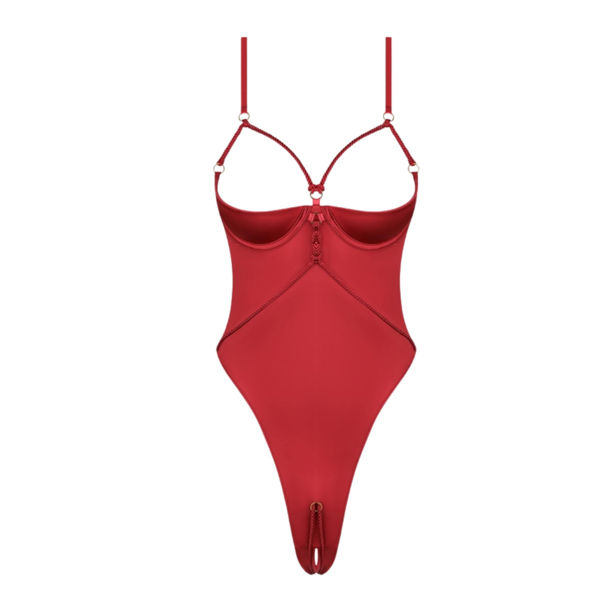 Iryna silky micro rope crotchless teddy with open cup underwire bra, satin rope details, adjustable straps, liquid stretch satin body-hugging lingerie, provocative open crotch teddy for seductive nights