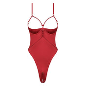 Satin liquid-stretch rope intimates lingerie one-piece onesie teddy crotchless-teddy crotchless satin-rope open-cup open-gusset underwire-bra wired-bra hook-and-eye micro-rope satin-rope adjustable-straps second-skin silky tease-ready luxurious sensual seduction seductive power luxurious comfortable provocative fetish fashion alt-fashion bdsm bondage-inspired bondage shibari kink kinky kinky-play kinky-lingerie female femme feminine womens red