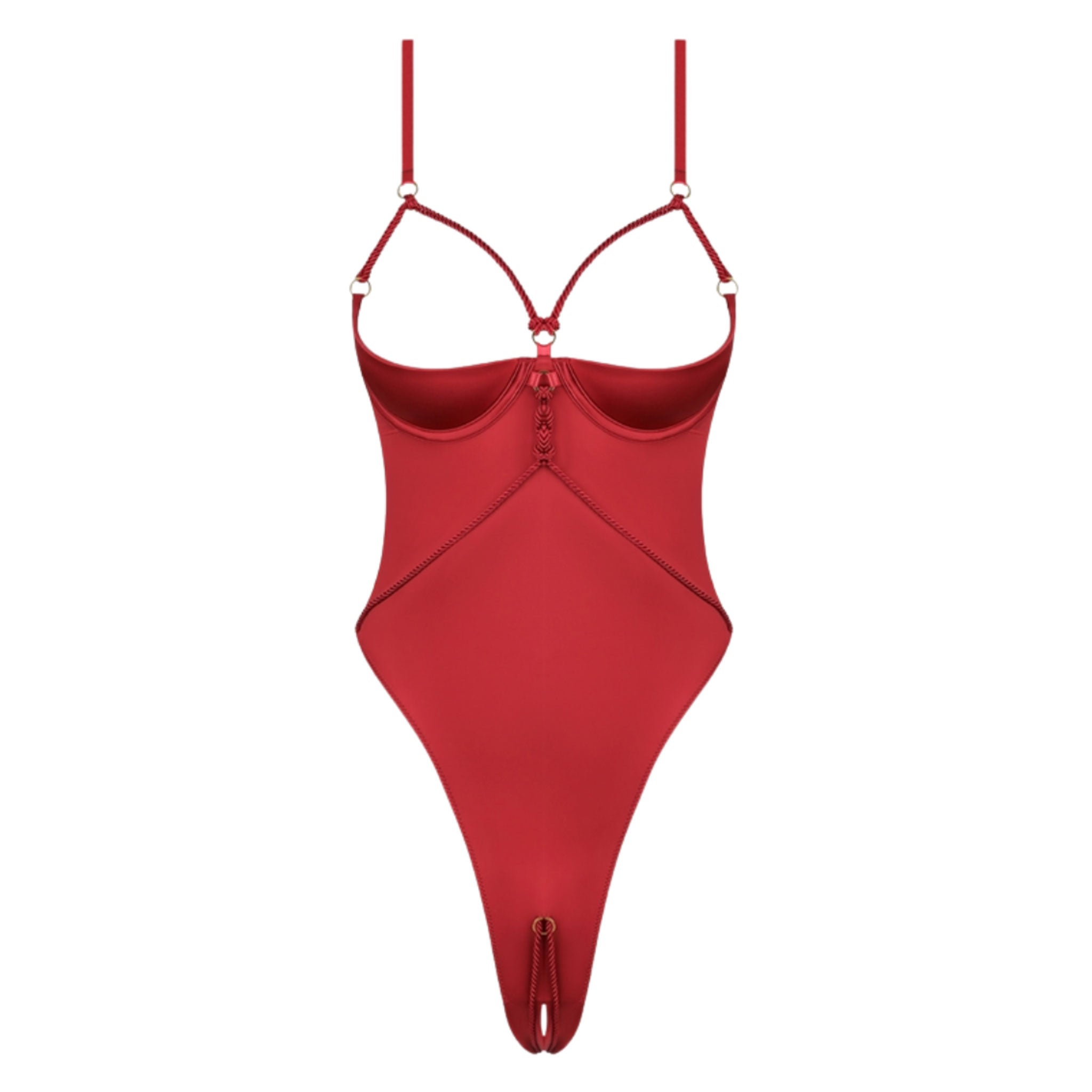 Satin liquid-stretch rope intimates lingerie one-piece onesie teddy crotchless-teddy crotchless satin-rope open-cup open-gusset underwire-bra wired-bra hook-and-eye micro-rope satin-rope adjustable-straps second-skin silky tease-ready luxurious sensual seduction seductive power luxurious comfortable provocative fetish fashion alt-fashion bdsm bondage-inspired bondage shibari kink kinky kinky-play kinky-lingerie female femme feminine womens red