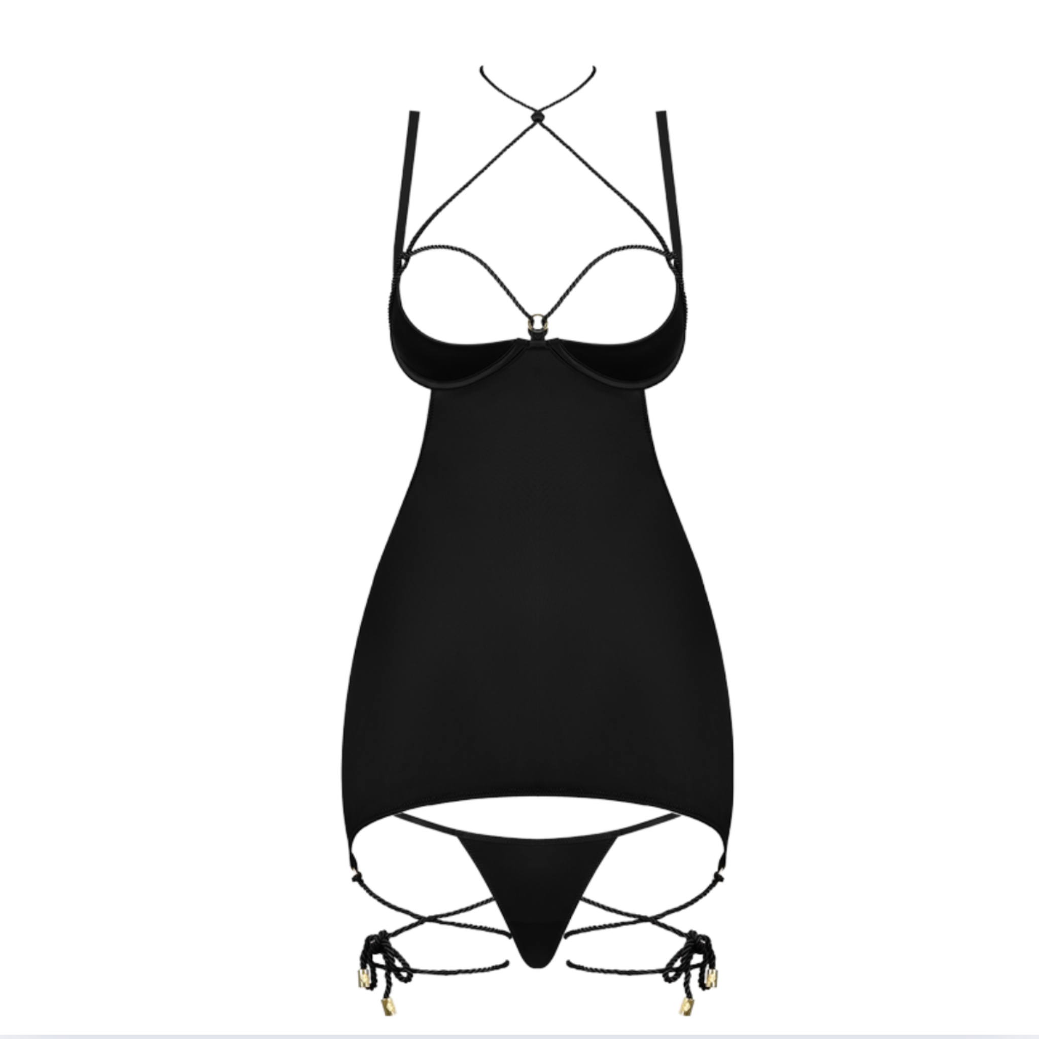 Iryna silky micro and rope open back chemise with matching G-string, liquid stretch satin lingerie set with underwire bra, adjustable straps, and provocative rope details, seductive intimate wear for bold elegant nights