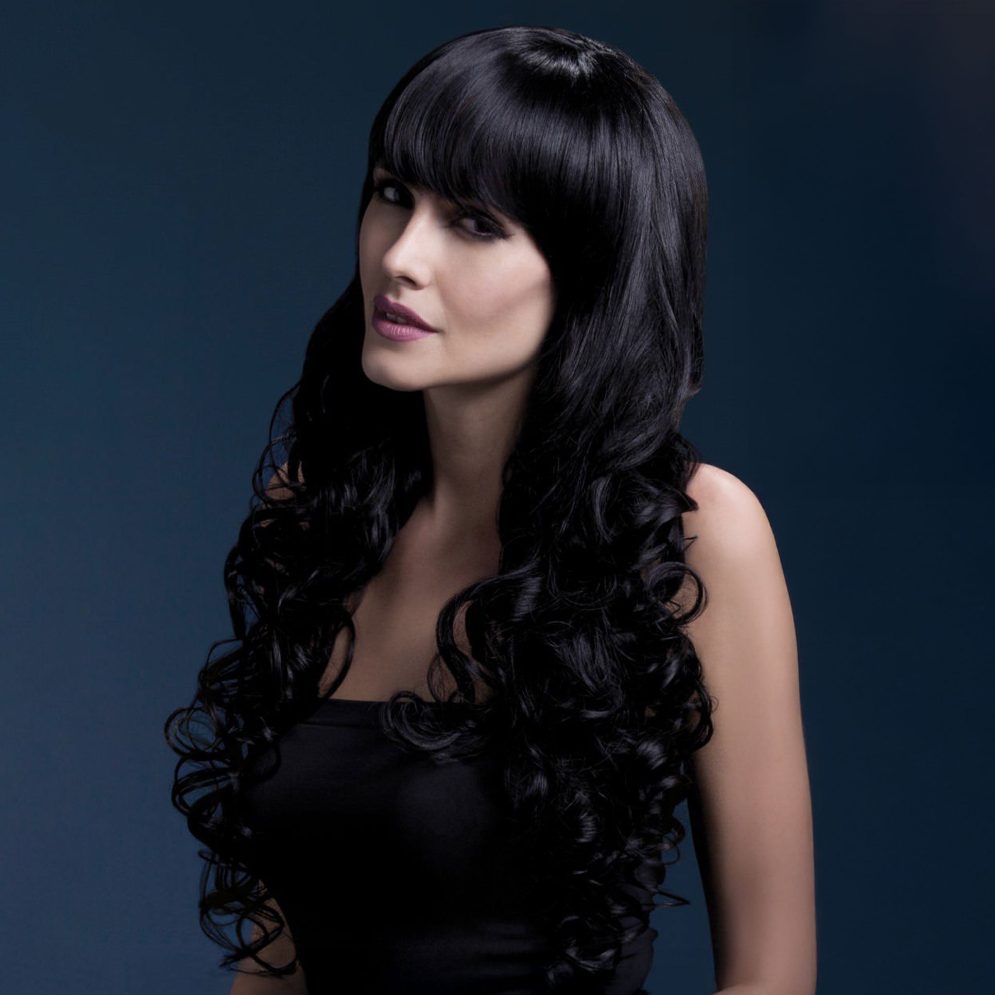 Synthetic hair polypropylene wig fever long curls curly soft fringe bangs realistic professional heat-resistant costume cosplay comfortable cap adjustable accessories black