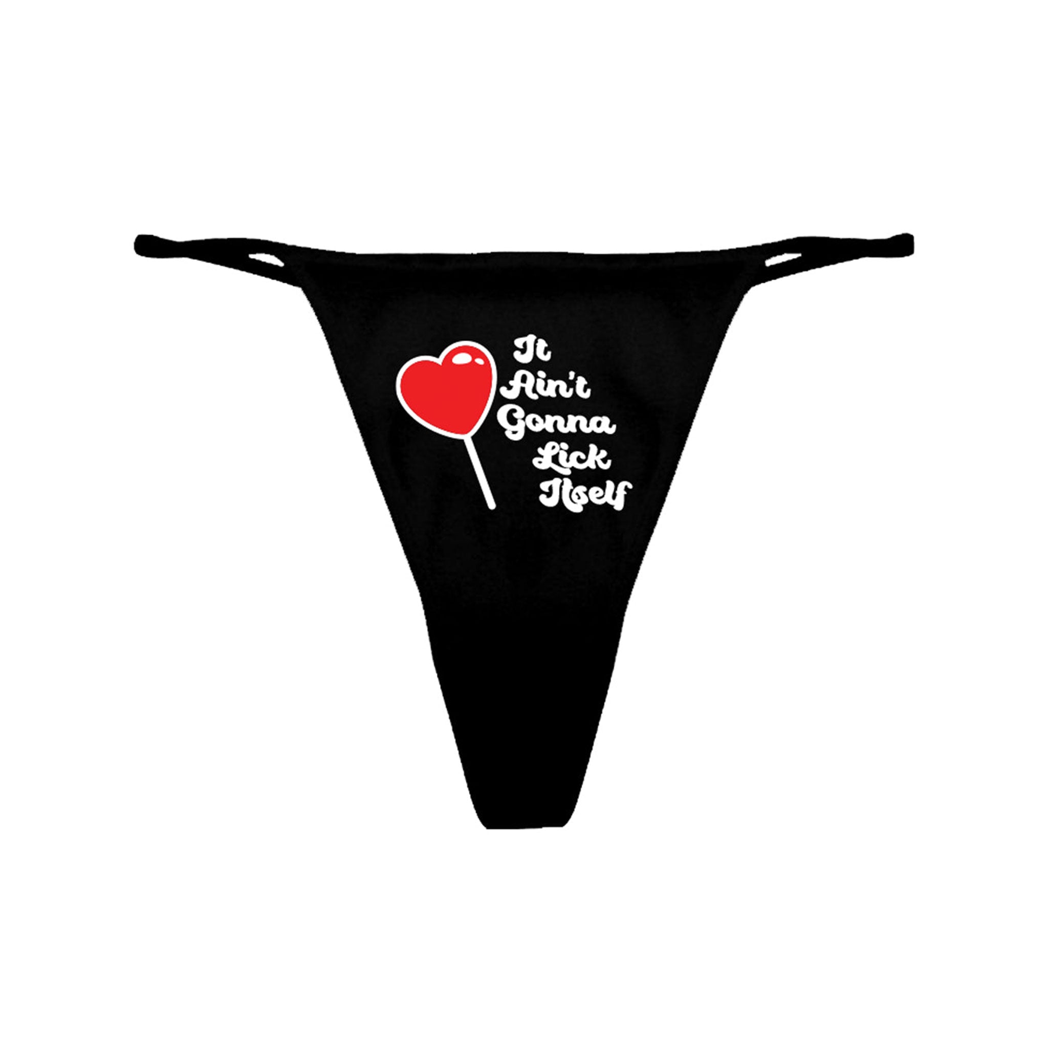 Cotton apparel bottoms intimates lingerie underwear panties panty thong g-string silk-screen silkscreen-printing screen-printing statement novelty lollipop heart-shaped cunnilingus pussy-eating sexy cheeky playful fun fetish fashion alt-fashion alternative punk cyber goth gothic gothic-doll festival bedroom dungeon kink kinky kinkwear costume cosplay halloween e-girl female femme feminine womens black it-aint-gonna-lick-itself