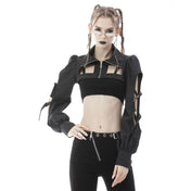 Polyester rayon jacket bolero puff sleeve futuristic cyberpunk fetish cyber punk cut-out cage costume halloween black