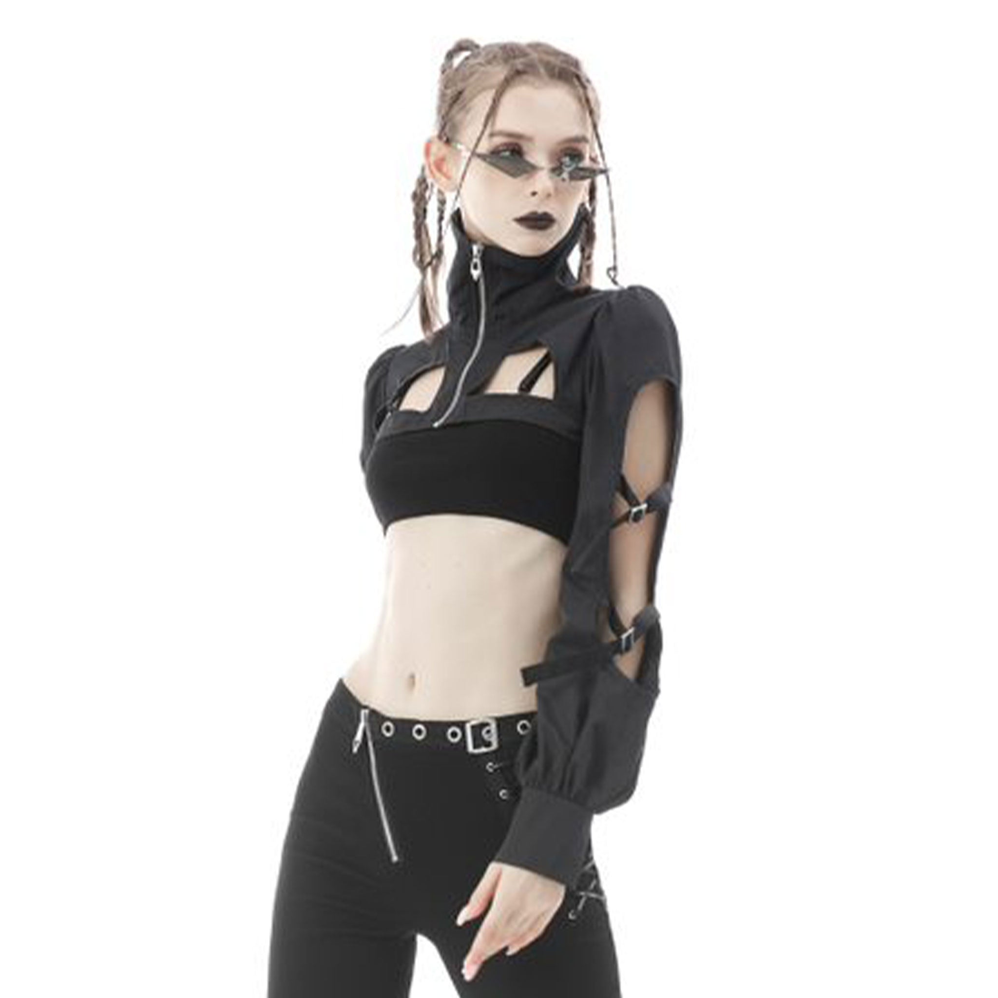 Polyester rayon jacket bolero puff sleeve futuristic cyberpunk fetish cyber punk cut-out cage costume halloween black