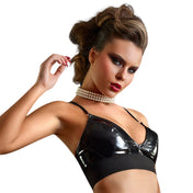 PVC vinyl polyester polyurethane elastane wetlook elastic apparel intimates top bra bralette deep-cleavage adjustable-straps versatile basic all-purpose shiny glossy fetish fashion alt-fashion clubwear punk goth gothic clubbing kink kinky kinkwear female femme feminine womens black