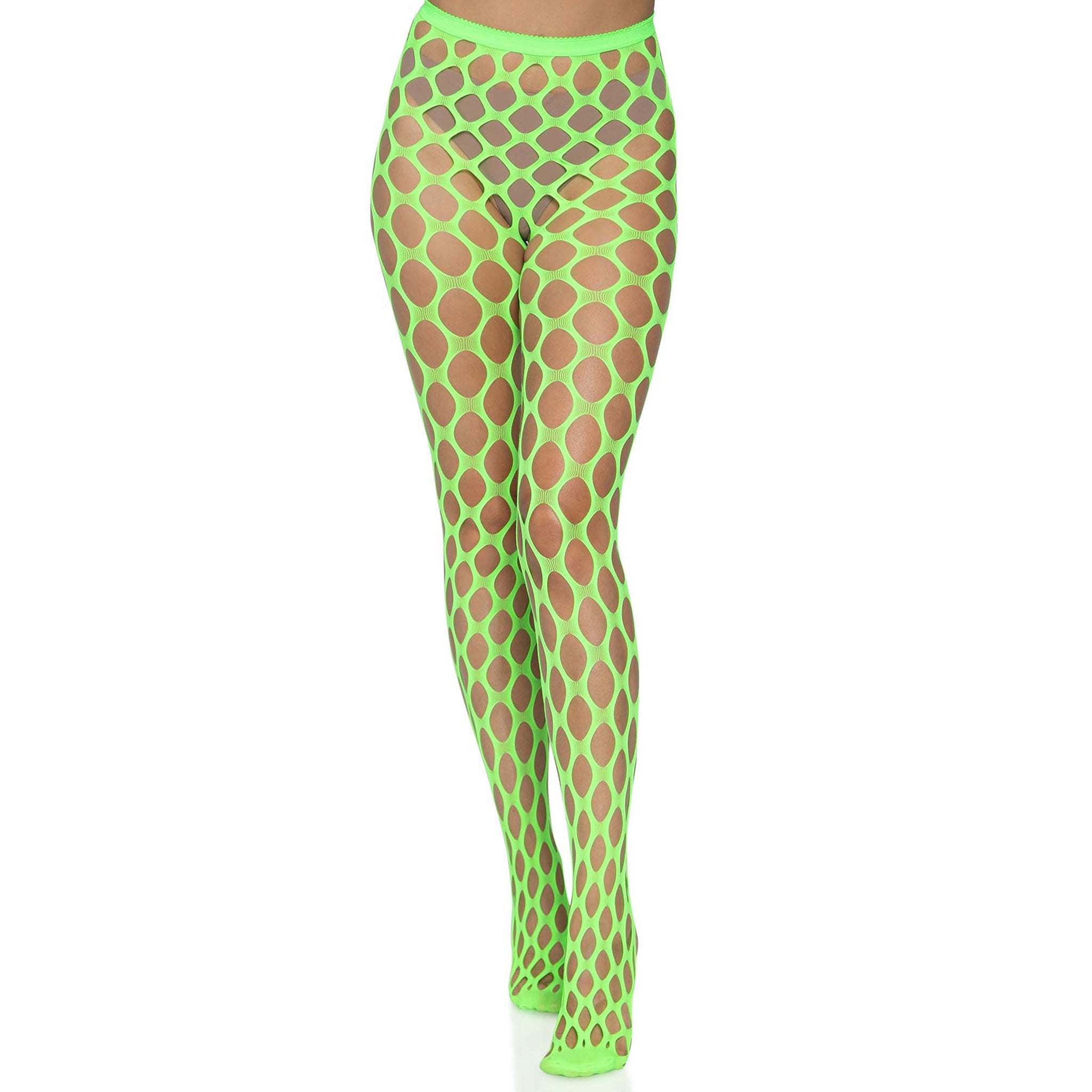 Nylon Spandex accessories intimates hosiery pantyhose pothole-tights pothole-net jumbo-pothole fishnet fish-net reinforced-toe striking edgy smooth long-lasting rave ravewear raver-babe festivalwear bedroom lingerie costume cosplay halloween holiday novelty female femme feminine womens eyekndy neon-hex green neon-green