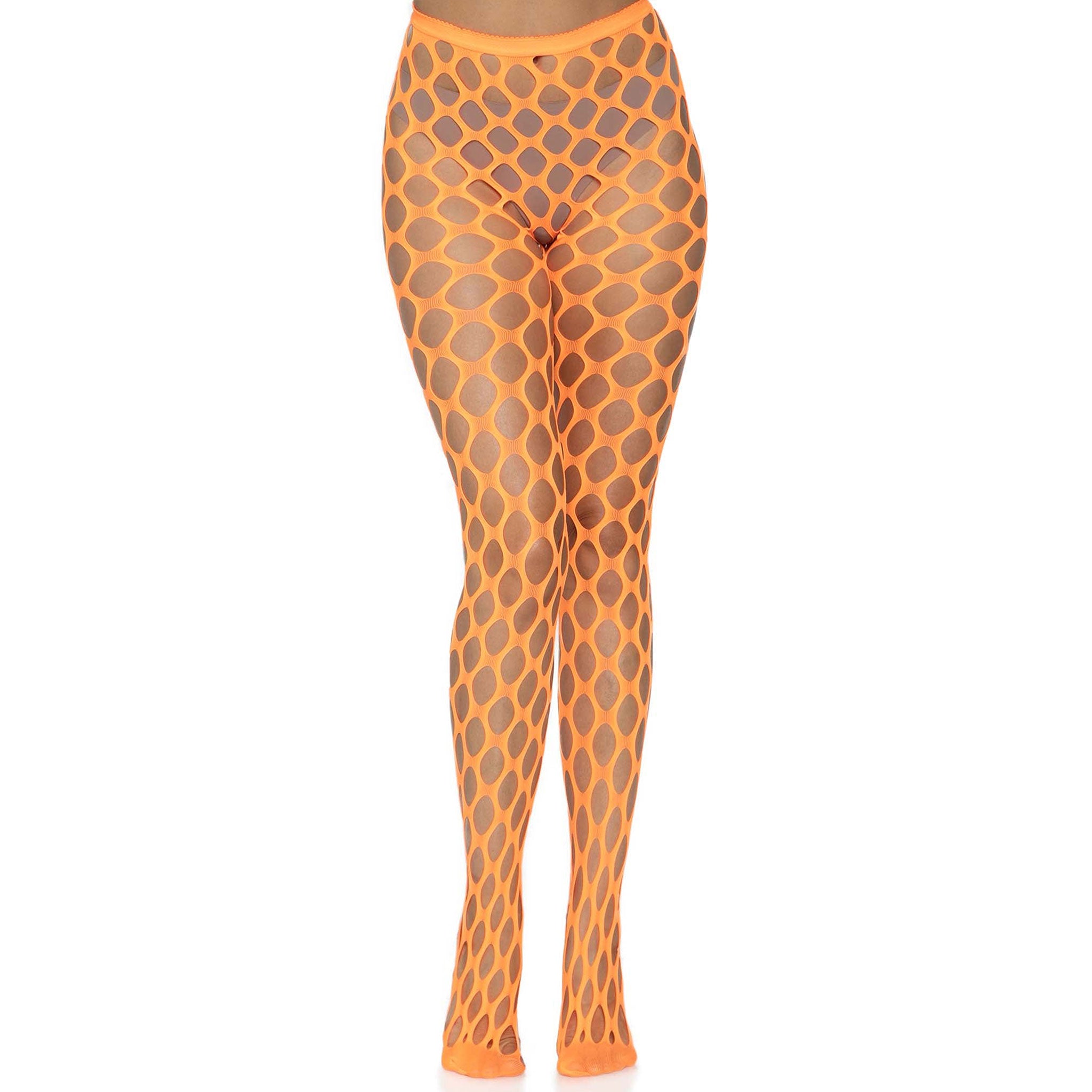 Nylon Spandex accessories intimates hosiery pantyhose pothole-tights pothole-net jumbo-pothole fishnet fish-net reinforced-toe striking edgy smooth long-lasting rave ravewear raver-babe festivalwear bedroom lingerie costume cosplay halloween holiday novelty female femme feminine womens eyekndy neon-hex orange neon-orange
