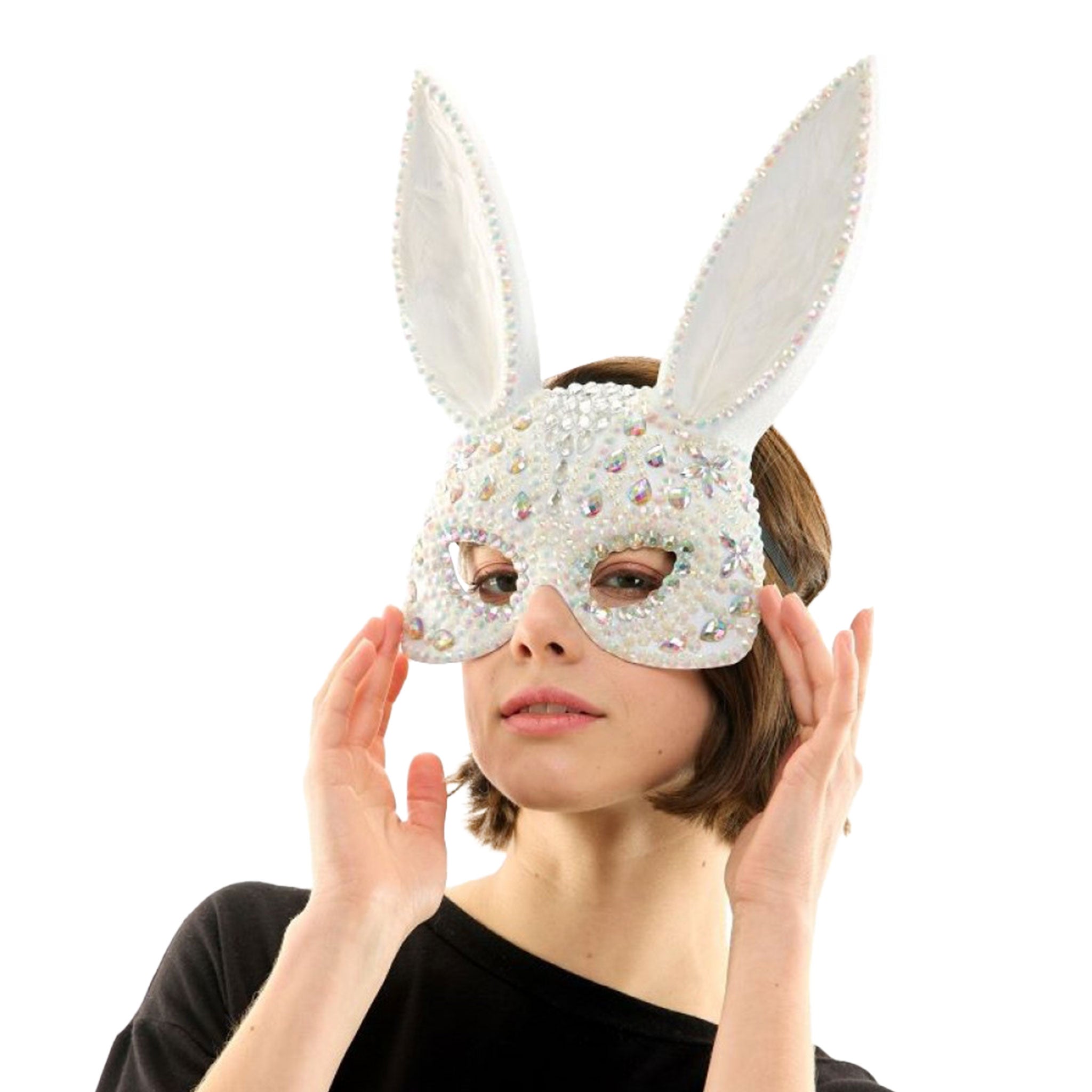 Pearl & Rhinestone Jeweled Bunny Mask White O/S