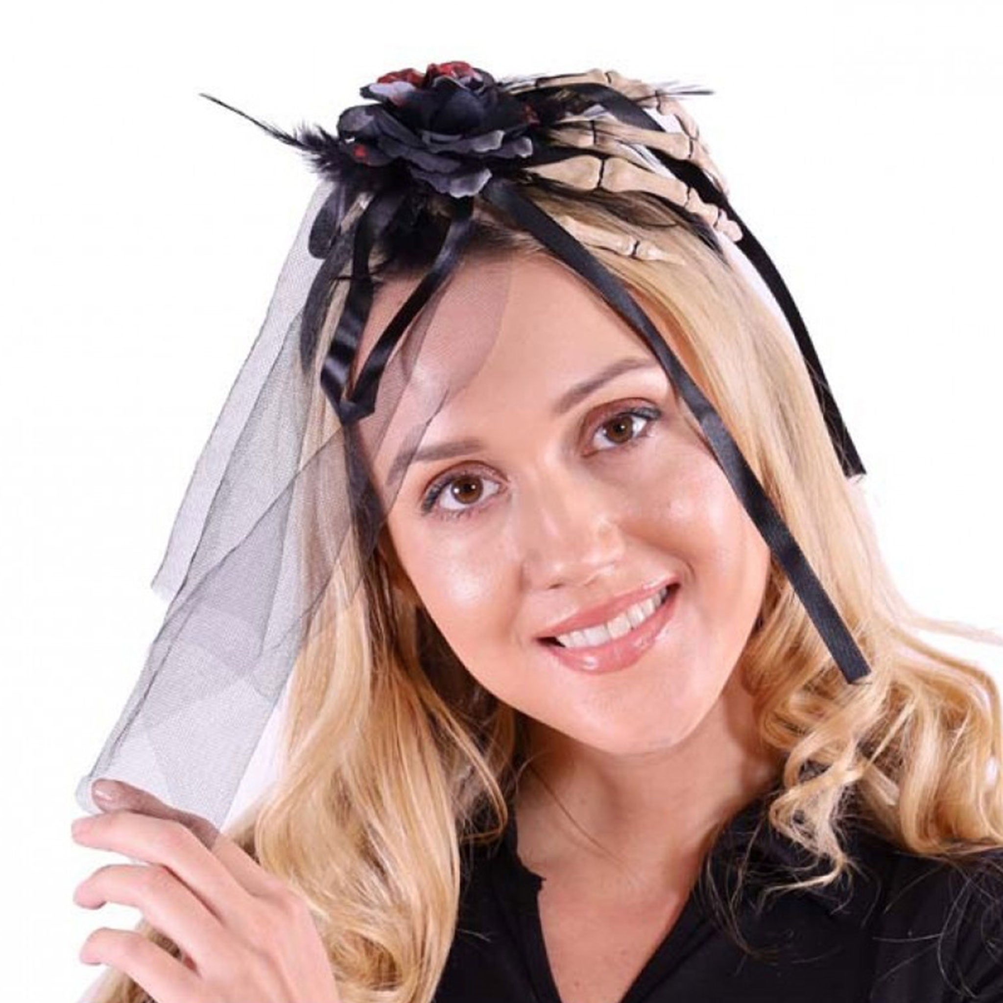 Dead Bride Skeleton Hand Headband with Black Rose & Veil