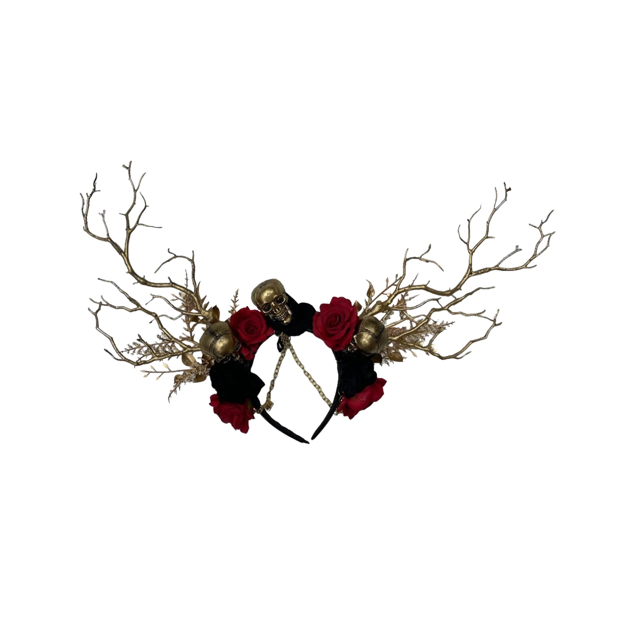 Forest Witch Gold Branches Headband with Roses & Hanging Chains