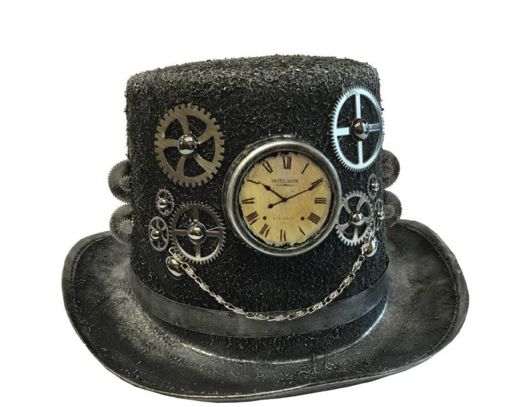 Pocket Watch Steampunk Top Hat with Gears- Black