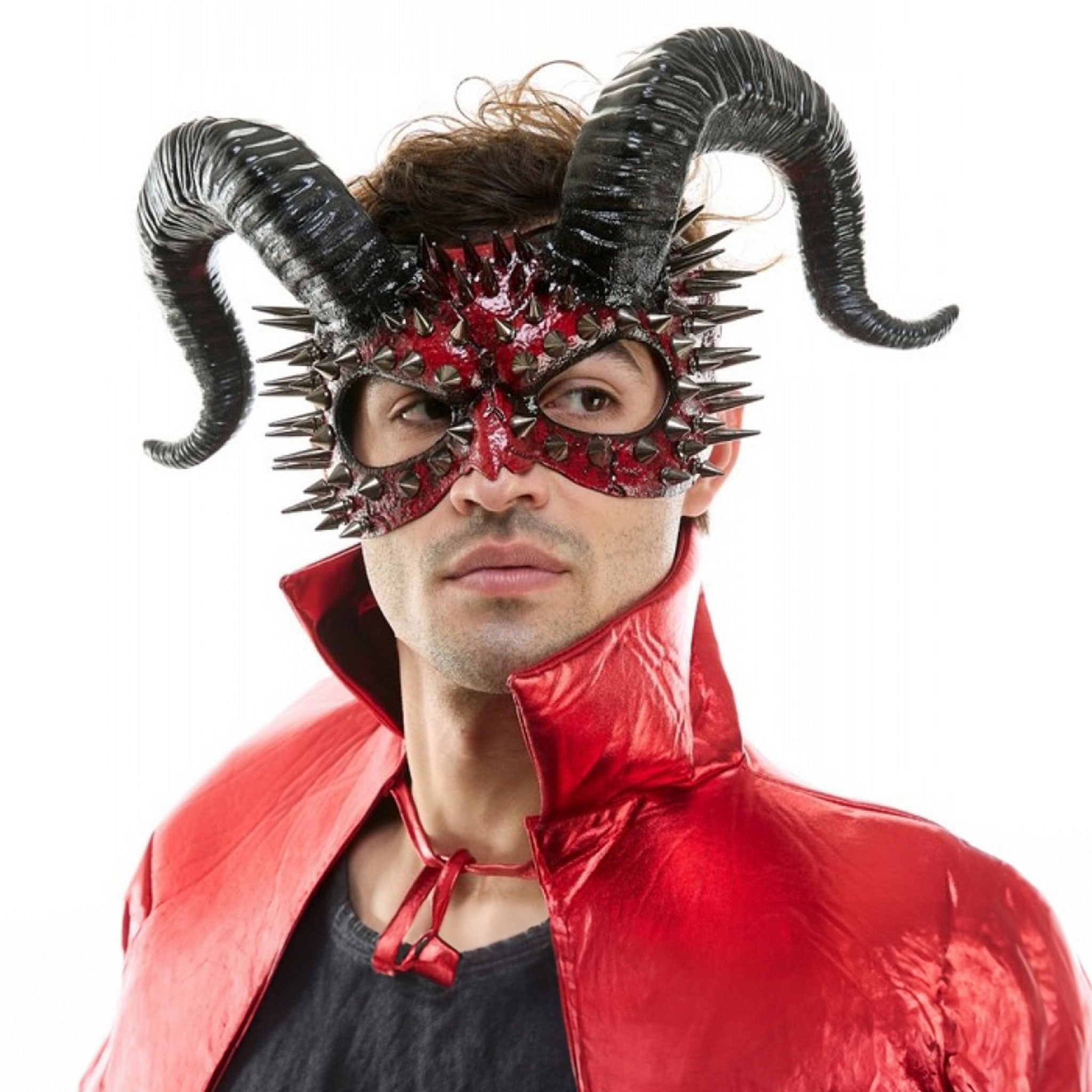 Molded resin mask eye face half-mask devil demon fiend fiendish demonic devilish metallic spikes horns curled ram elastic strap costume halloween accessories red black silver