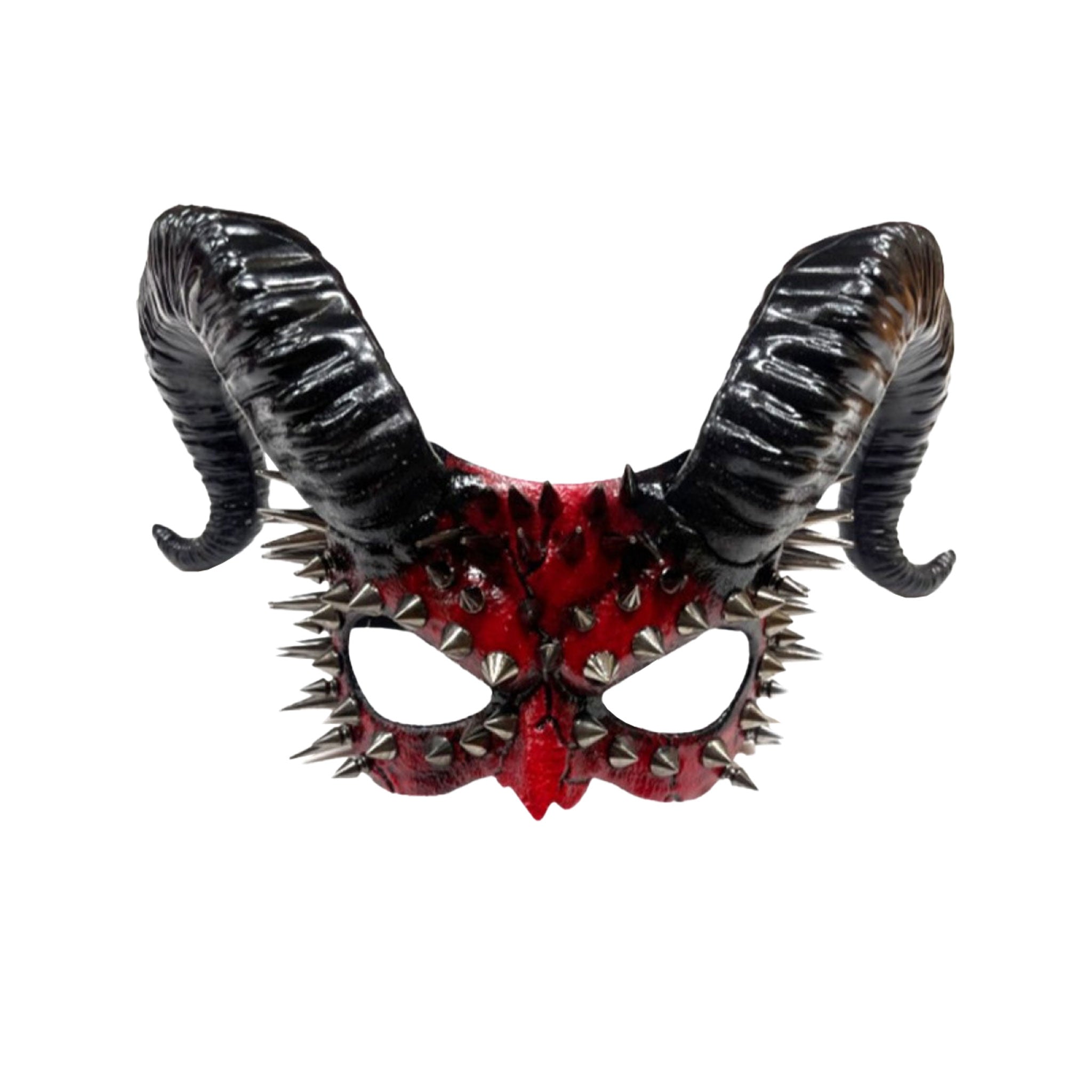 Molded resin mask eye face half-mask devil demon fiend fiendish demonic devilish metallic spikes horns curled ram elastic strap costume halloween accessories red black silver