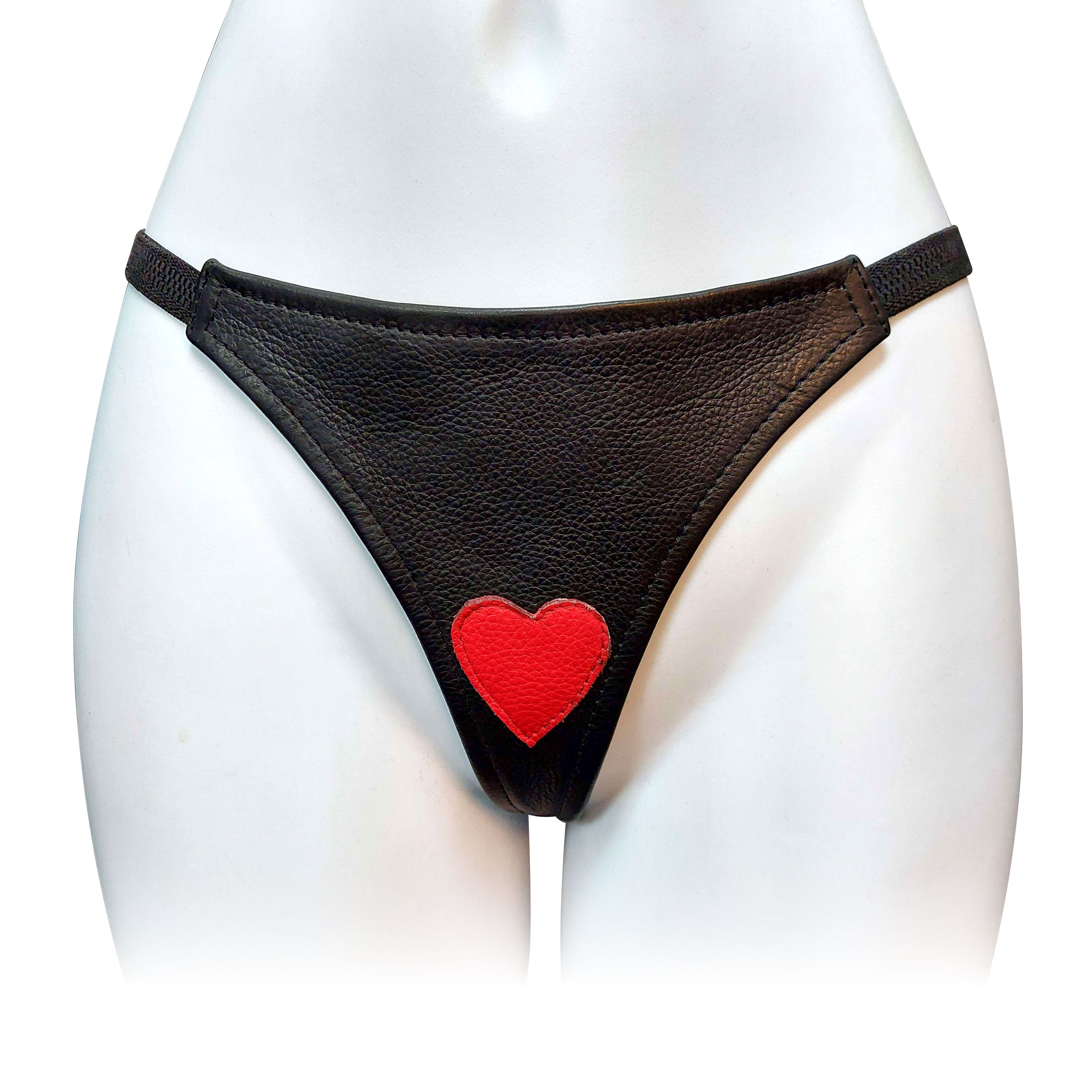 Heart Insert Leather Front G-string Black & Red O/S