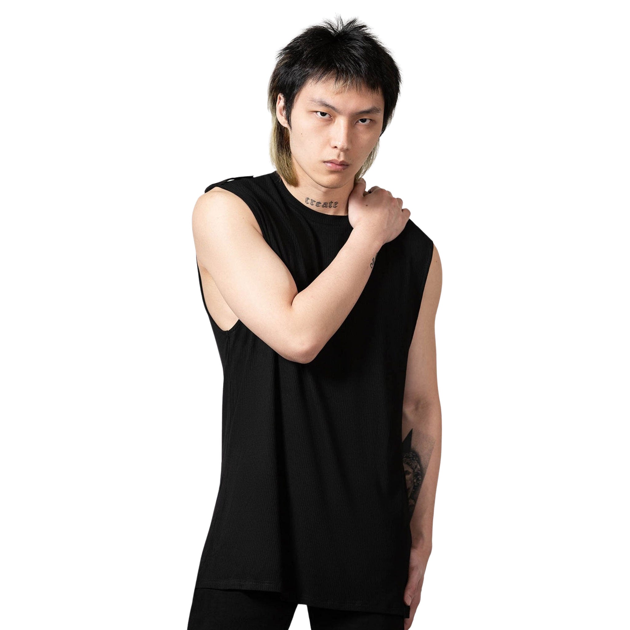 Sleeveless tops ribbed lapels vest oversized unisex black