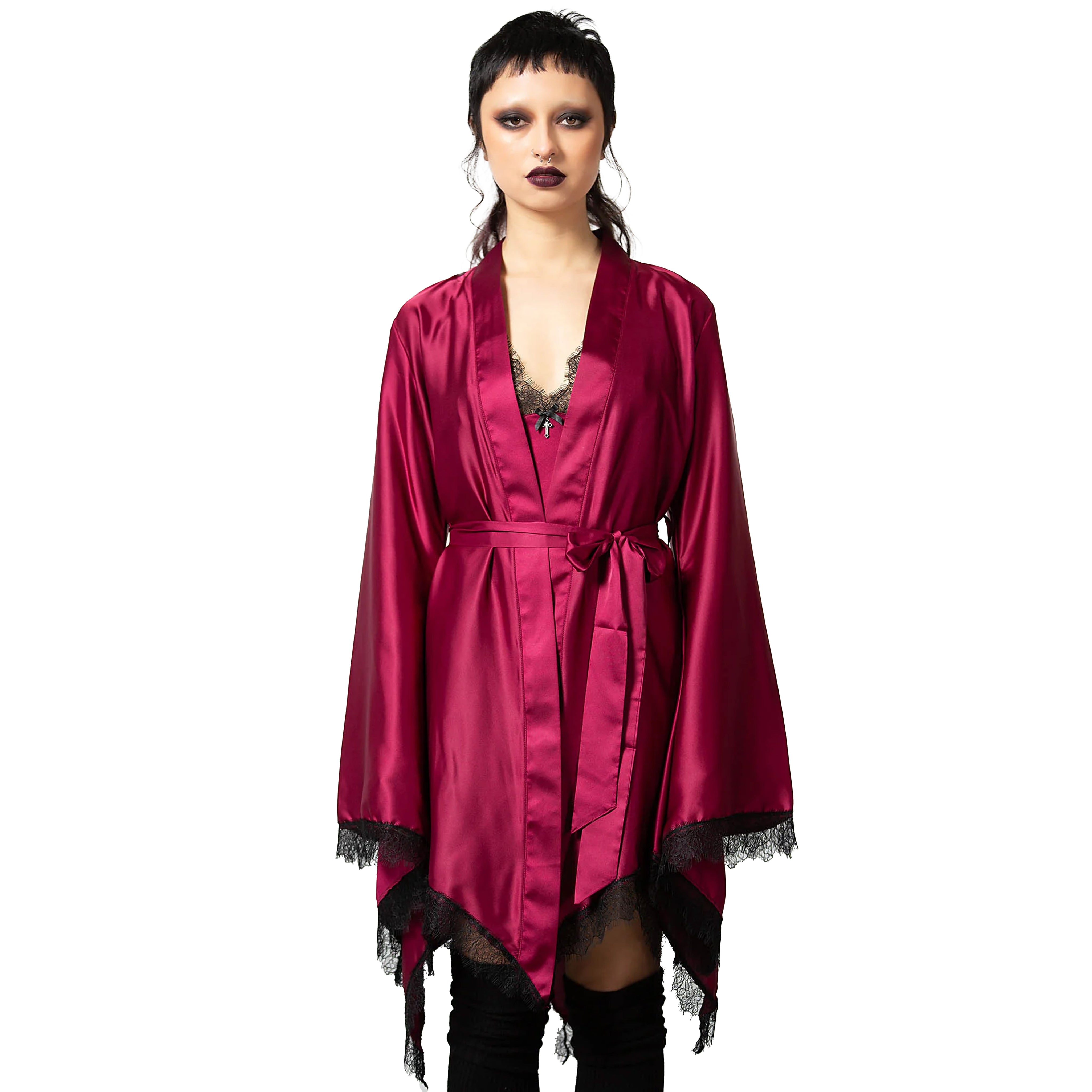 Devil's Lullaby Bell Sleeve Satin Robe With Lace Trim