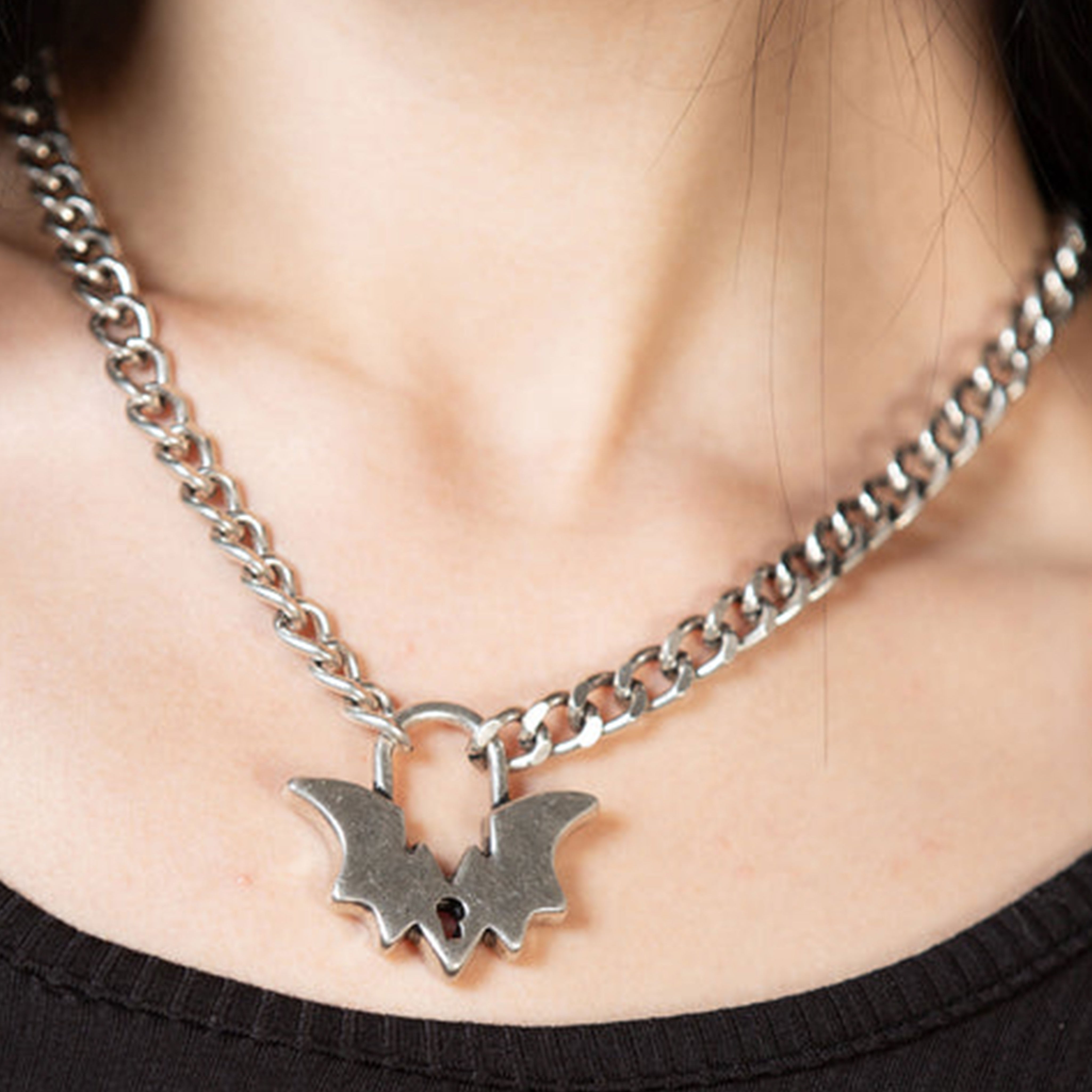Chunky Chain Bat Lock Necklace