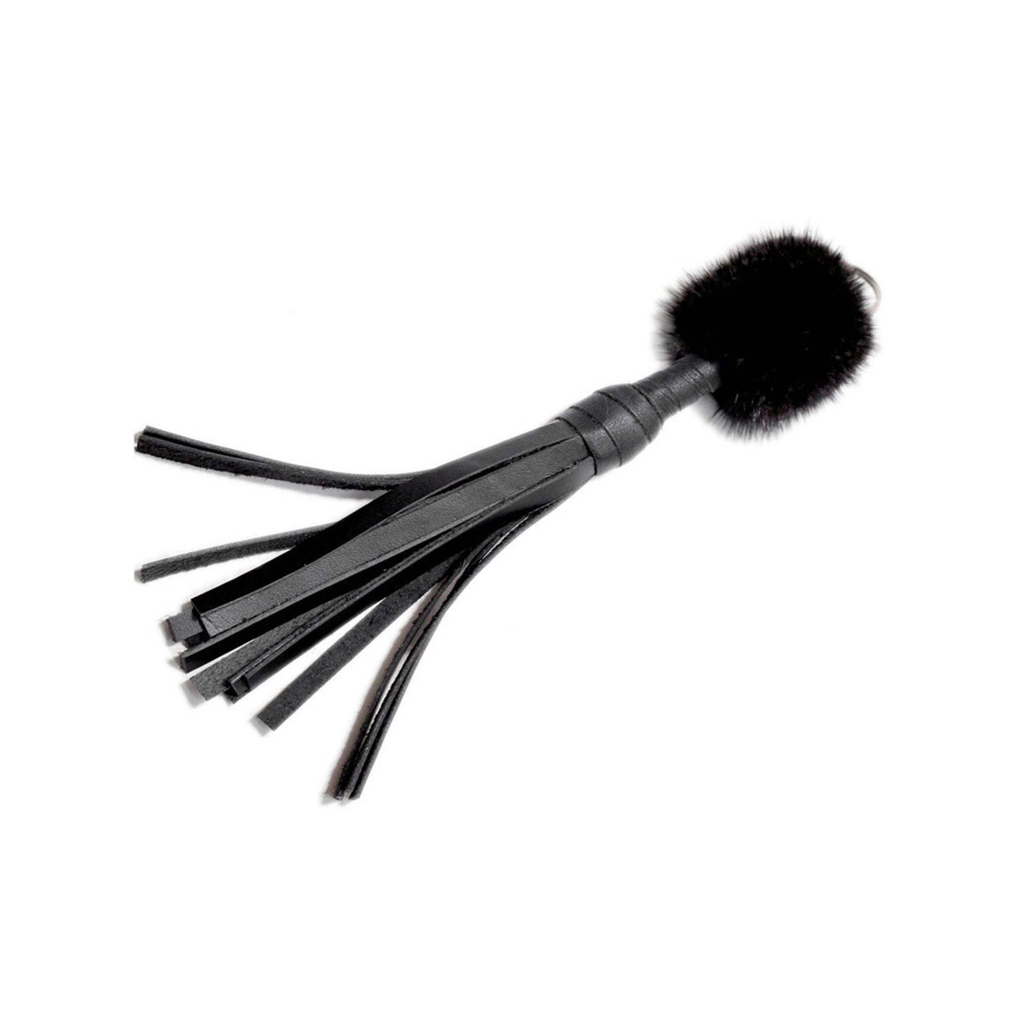 Leather mink fur ball leather mini flogger whip handle keychain holiday valentine gifts lifestyle pocket travel black