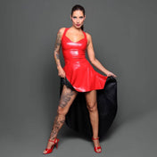 Latex rubber apparel dress maxi-dress maxidress long asymmetrical sleeveless high-back heart-shaped heart-neckline half-zip zipper doorbitchproof door-bitch doorbitch-proof stunning fun beautiful two-tone color-contrast contrast fetish fashion alt-fashion clubwear partywear bdsm kink kinky kinkwear female femme feminine womens red-black