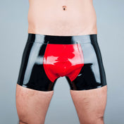 Latex rubber apparel bottoms shorts boxer-brief front-pouch crotch-pouch low-waist waistline roomy snug-fit two-tone contrast comfortable fetish fashion alt-fashion kink kinky kinkwear clubwear basic male masculine masc mens menswear guys dudes red black