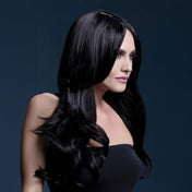 Synthetic-hair polypropylene fever wig khloe long wavy center-part bangs adjustable wig-cap heat-resistant styled styleable professional realistic costumes cosplay accessories halloween head-gear black