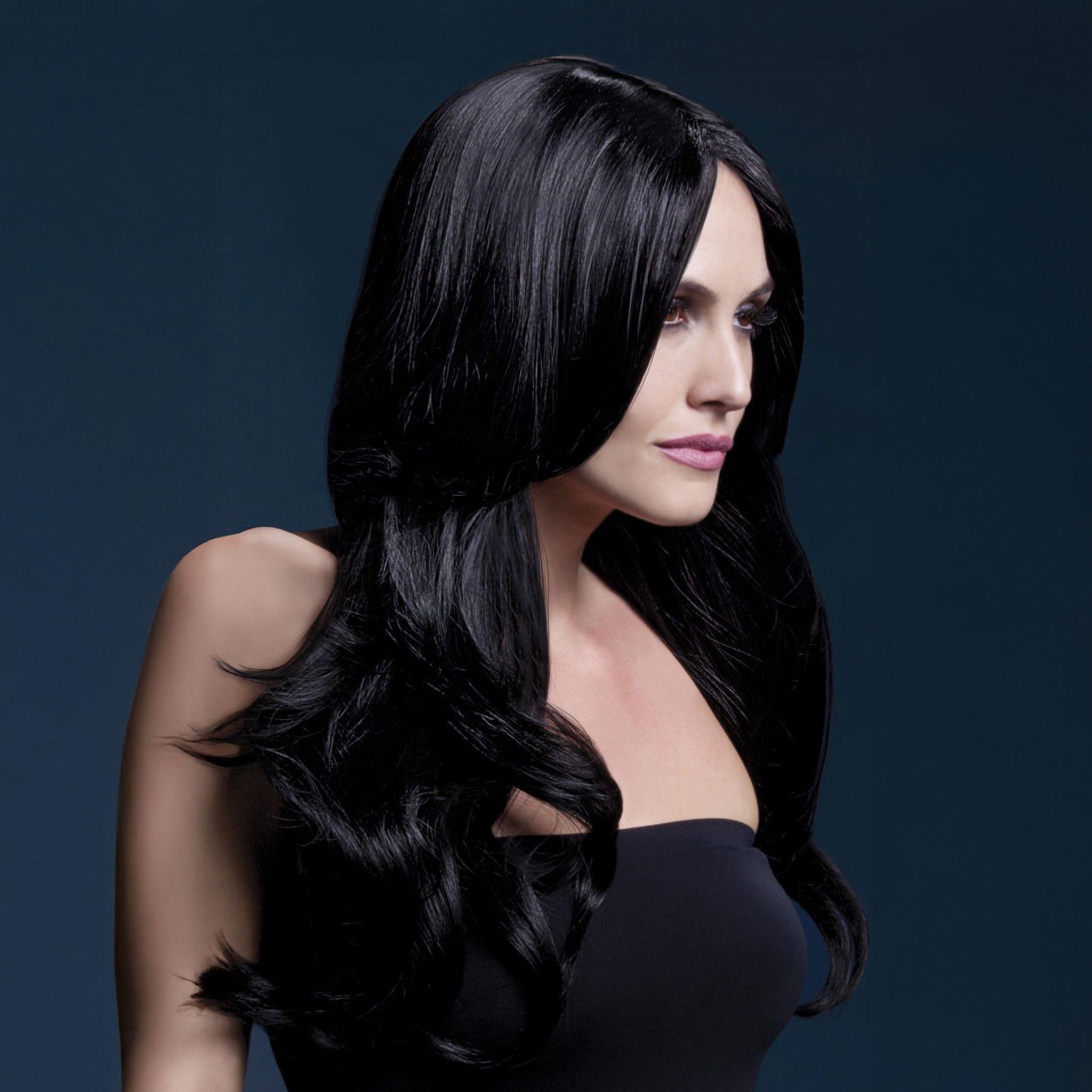 Synthetic-hair polypropylene fever wig khloe long wavy center-part bangs adjustable wig-cap heat-resistant styled styleable professional realistic costumes cosplay accessories halloween head-gear black